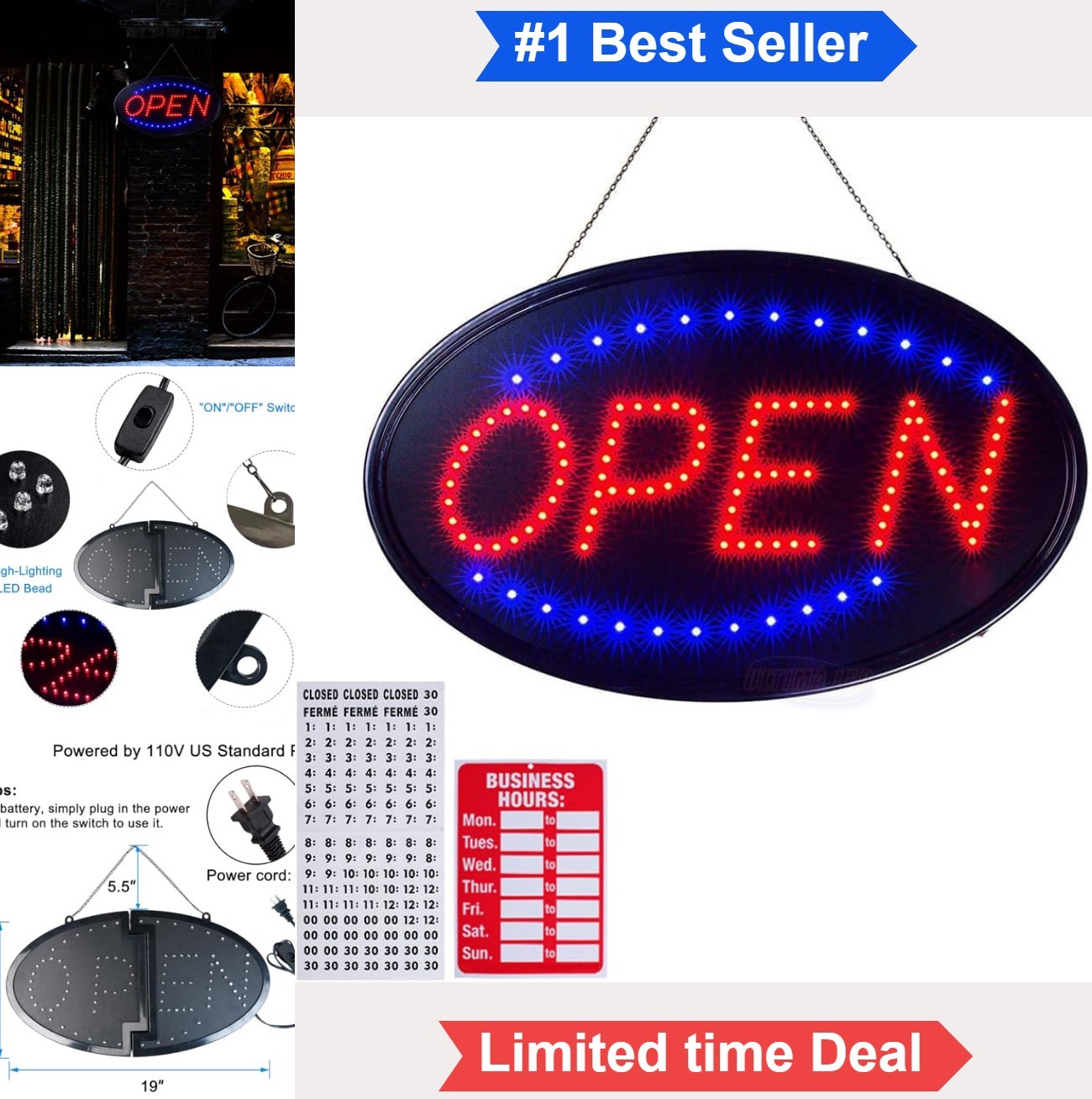 LED Open Sign 19×10 Inch Ultra Bright Flashing Mode Store Window Display Wall