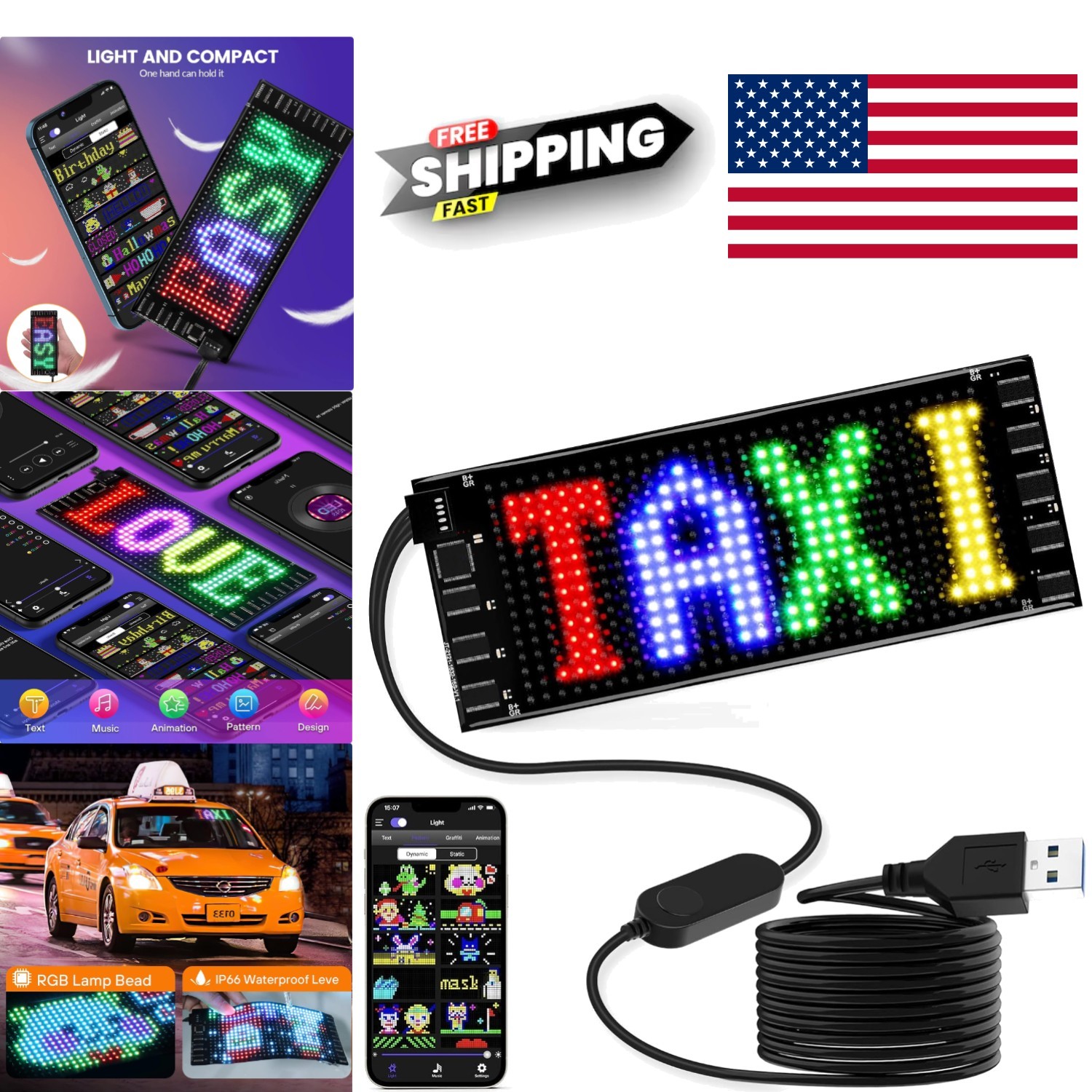 LED Sign for Car 7×3 Flexible Programmable Scrolling Light USB Bluetooth Control