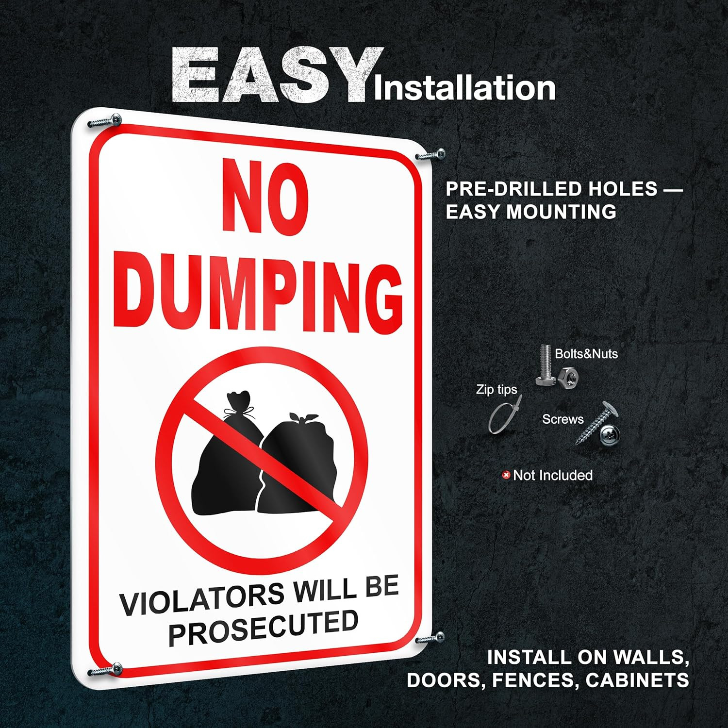 No Dumping Signs, 2 Pack 10 x 7 Inch Reflective Aluminum No Littering Sign Outdo