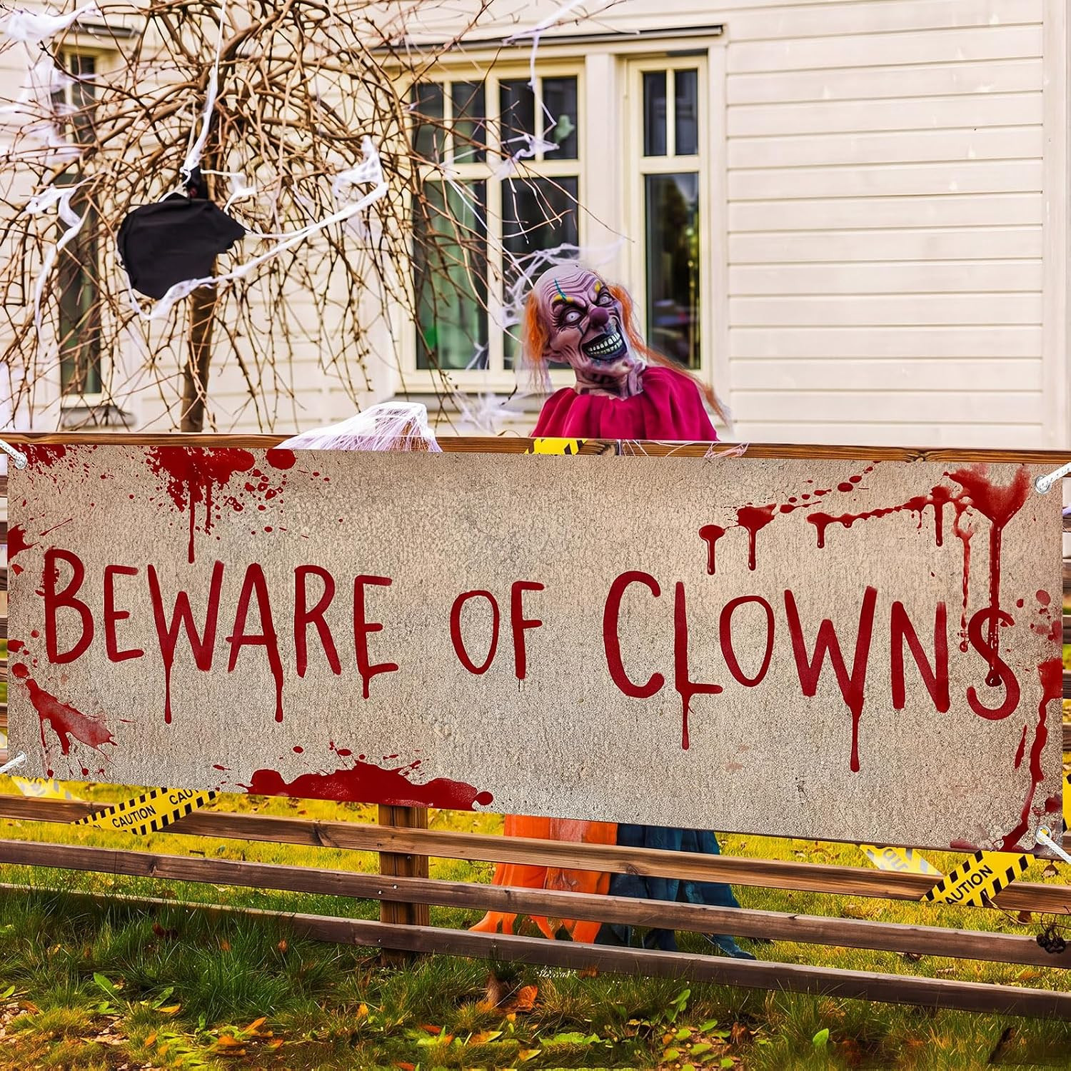 Halloween Clown Banner Outdoor, Beware of Clown Sign, Circus Decor | 71″ X 20″ H