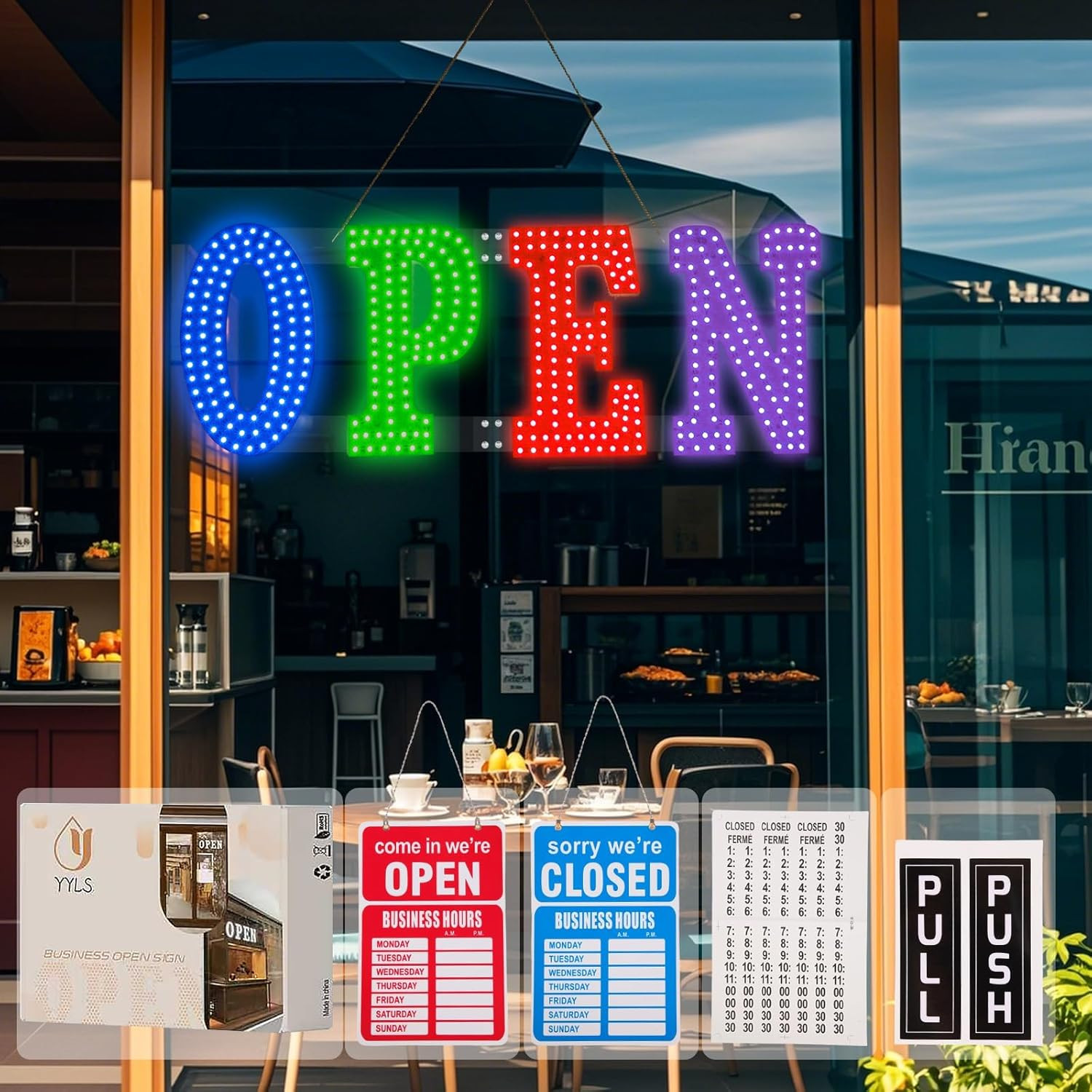 Dimmable 7-Color LED Open Sign 30″X10″ for Stores, Restaurants, and Bars