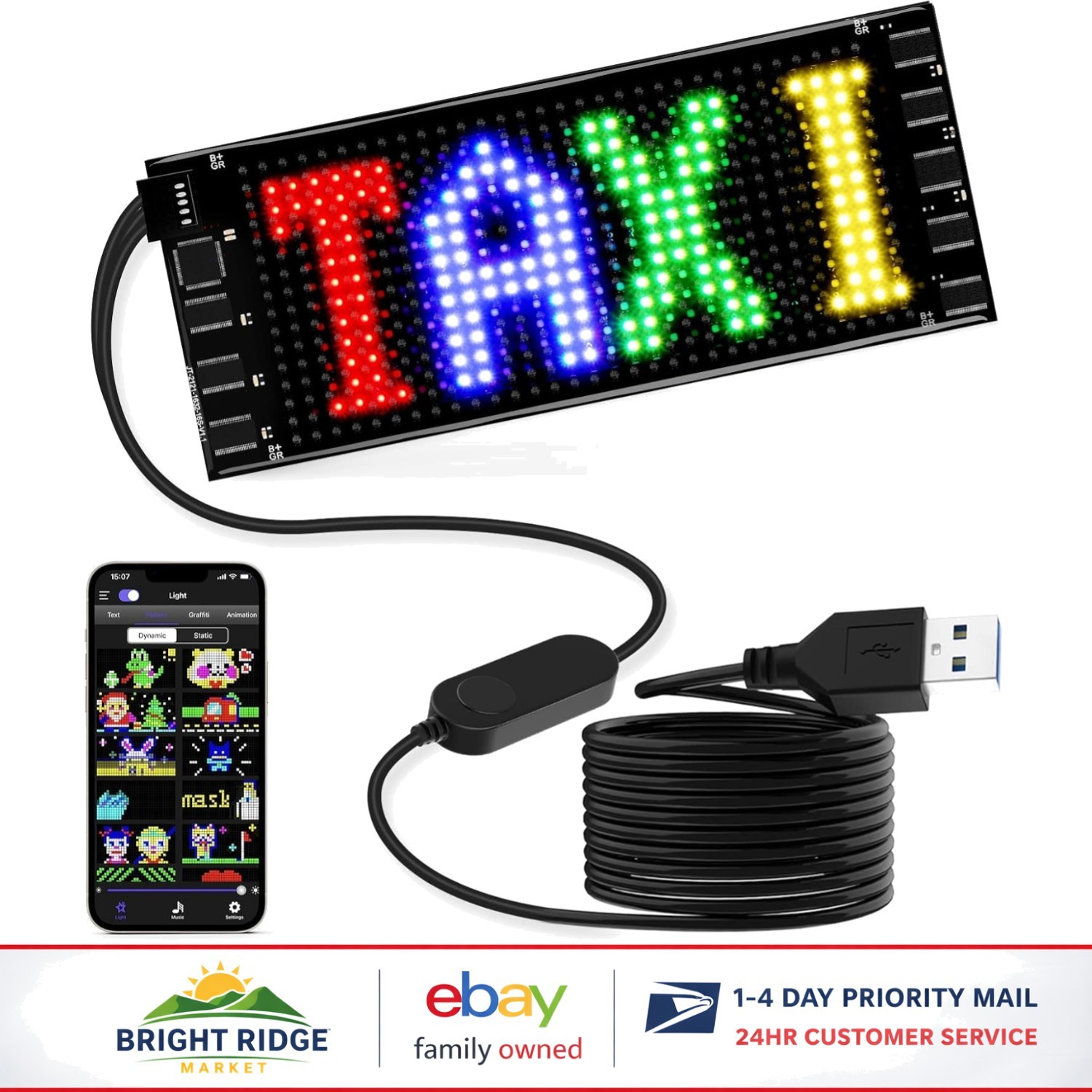 Bluetooth Programmable LED Sign for Car, Custom Scrolling Display, 7×3 Inch