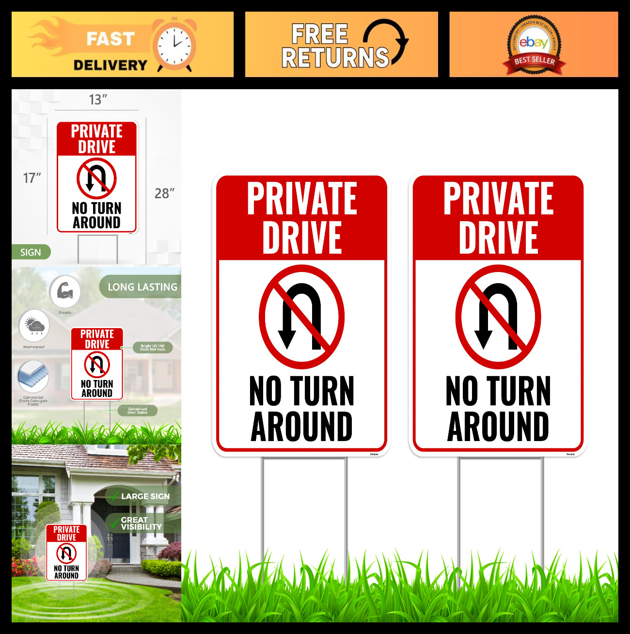 2PC Private Driveway Sign Set – No Turnaround, No Trespassing, Metal Stakes, 17″