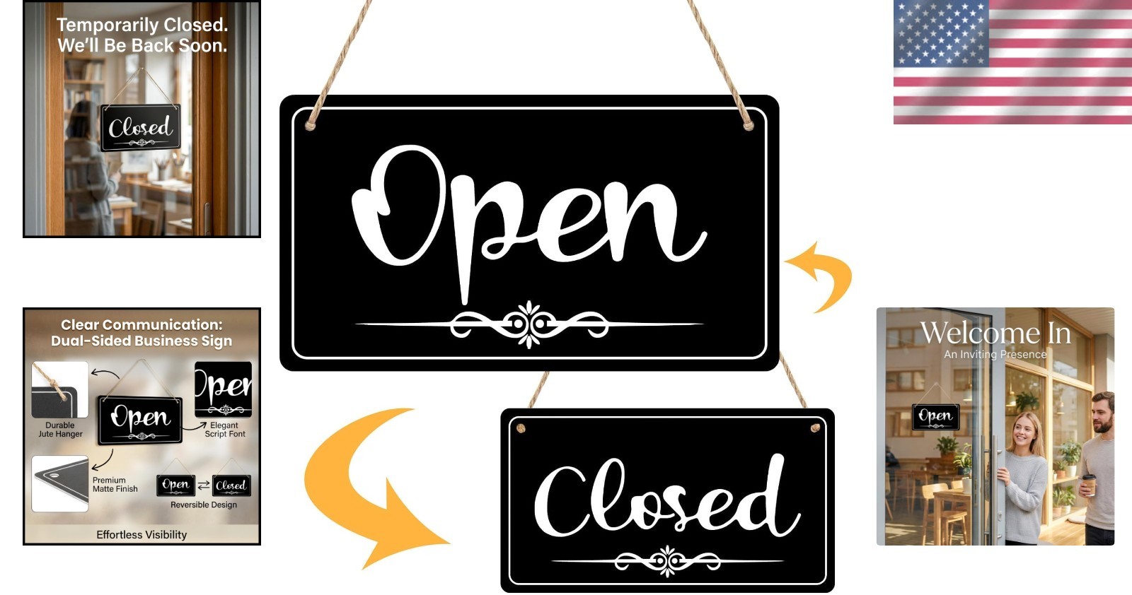 Elegant Double-Sided Open Closed Sign for Business Hours – 12×8 Inch