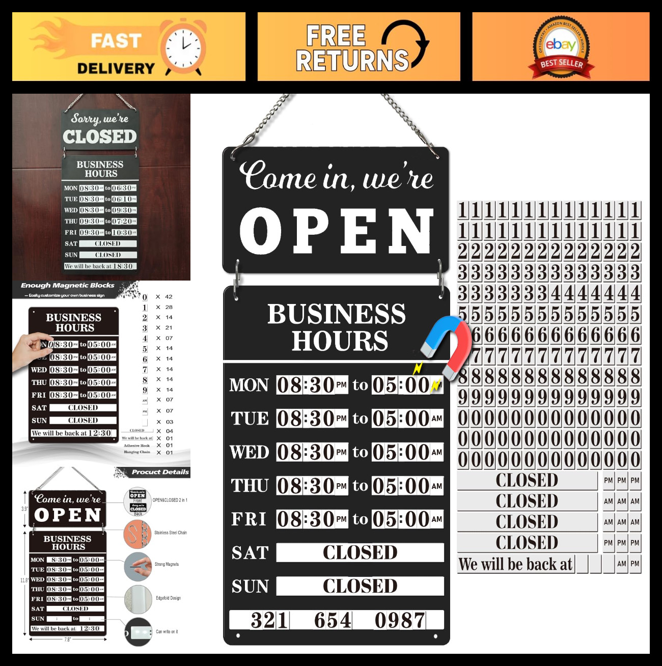 Magnetic Business Hours Sign – Double Sided Open Closed Metal Store Hours for Gl