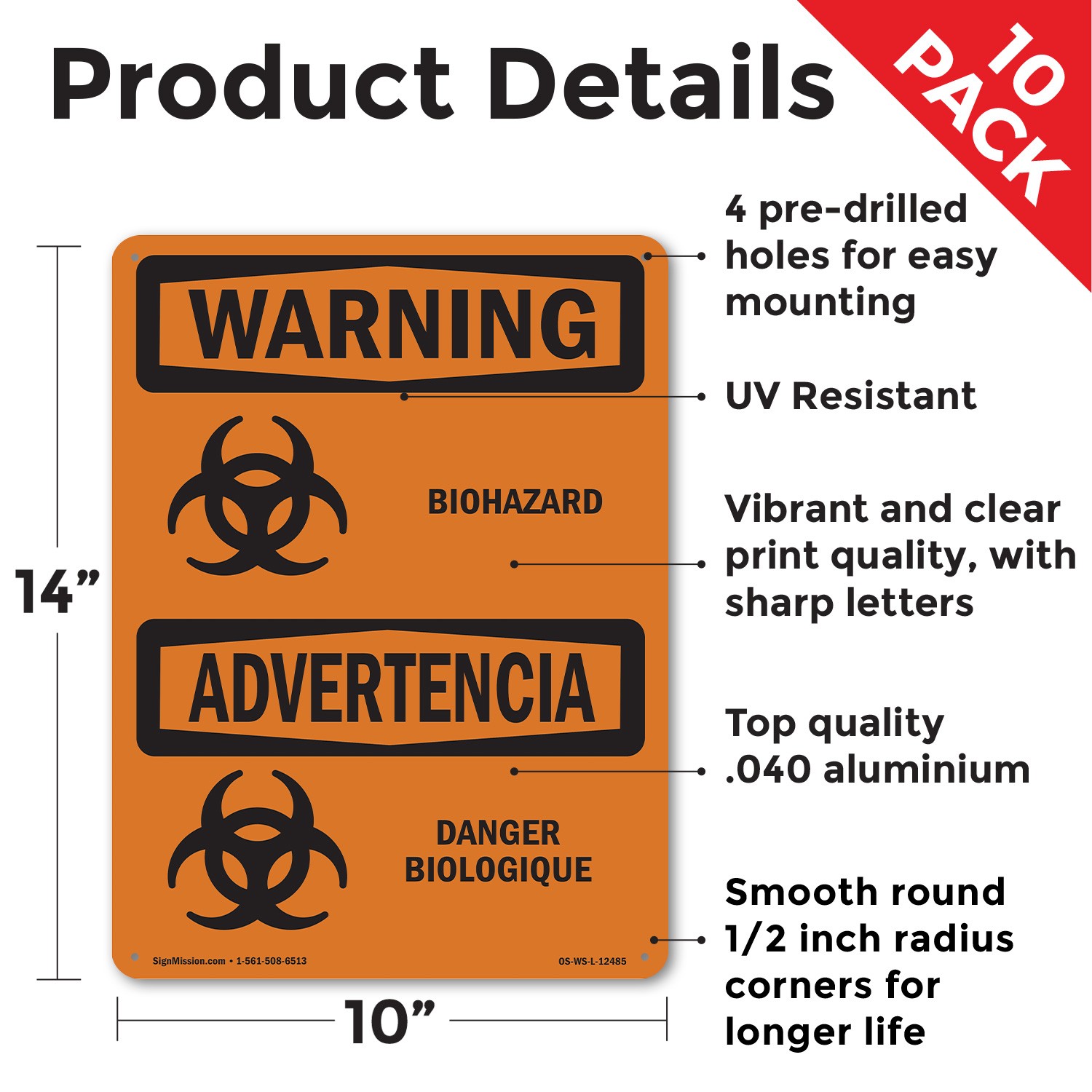 Biohazard Bilingual OSHA WARNING Sign Metal, Plastic, Or Decal – 5 or 10 Pack
