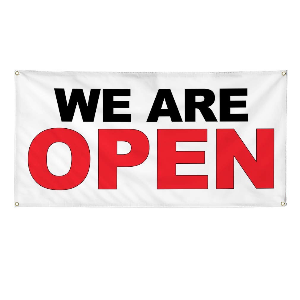 Weatherproof Vinyl Banner We Are Open Black Red 4 Grommets 12x30Inches