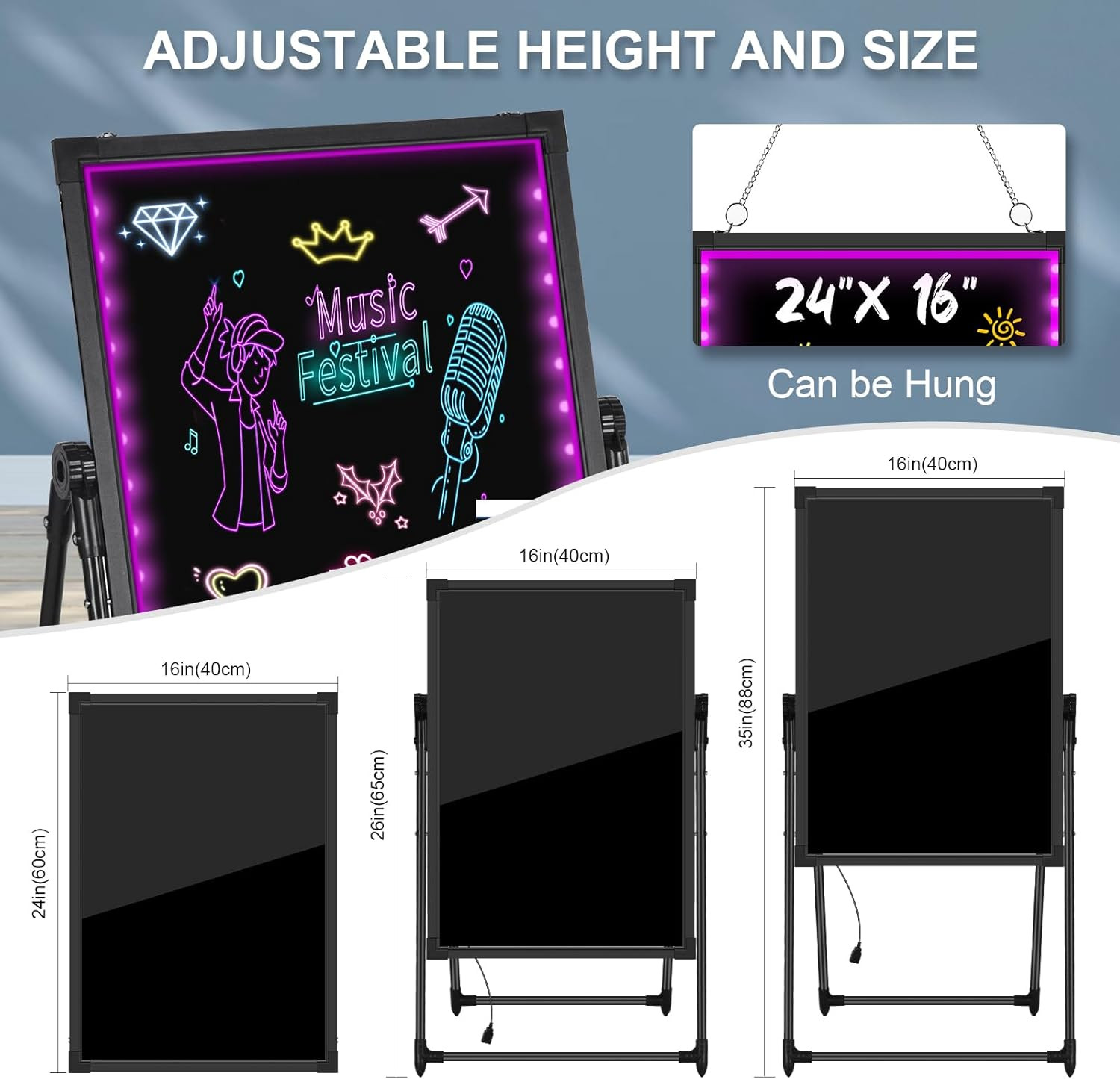 24″ x 16″ LED Menu Board with Remote & 8 Markers – Neon Effect Sign for Business