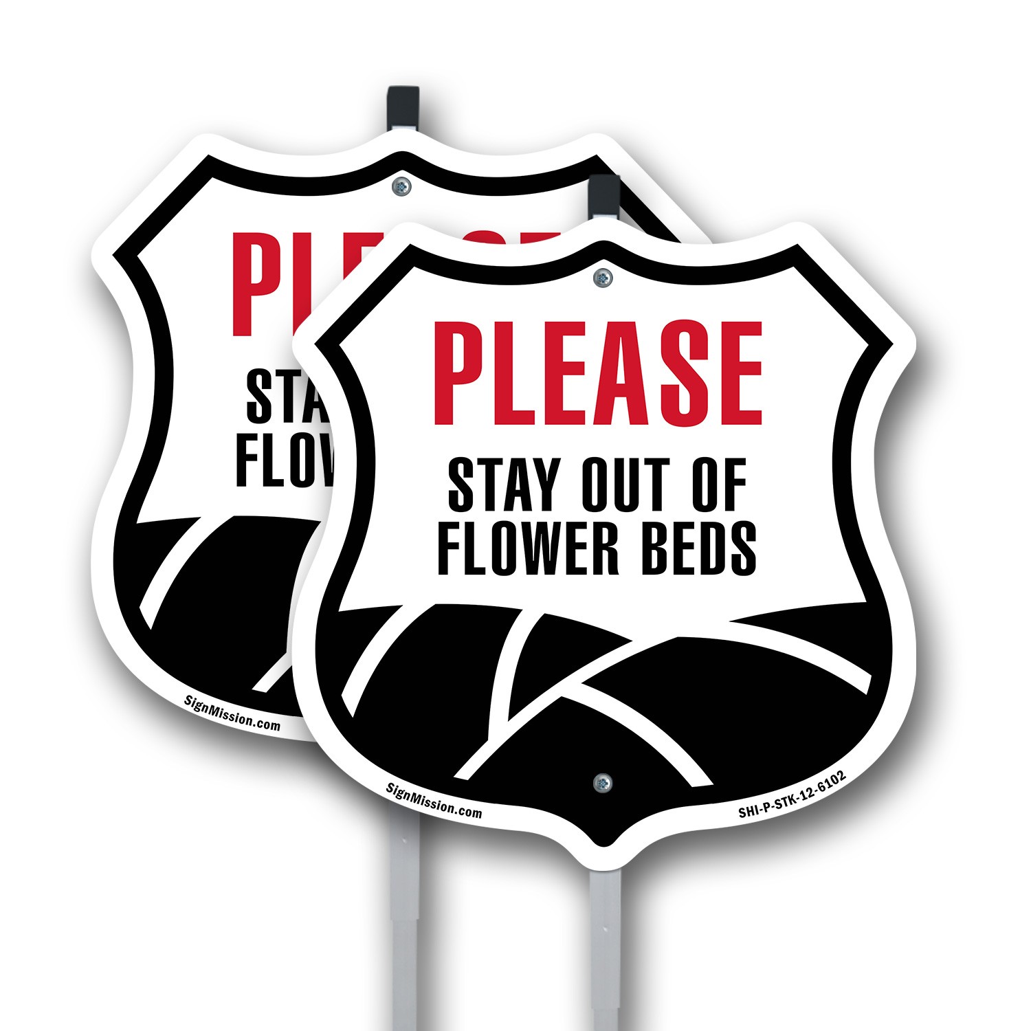 Please Stay Out Of Flower Beds Shield Shaped Sign With Stake Weather Resistant