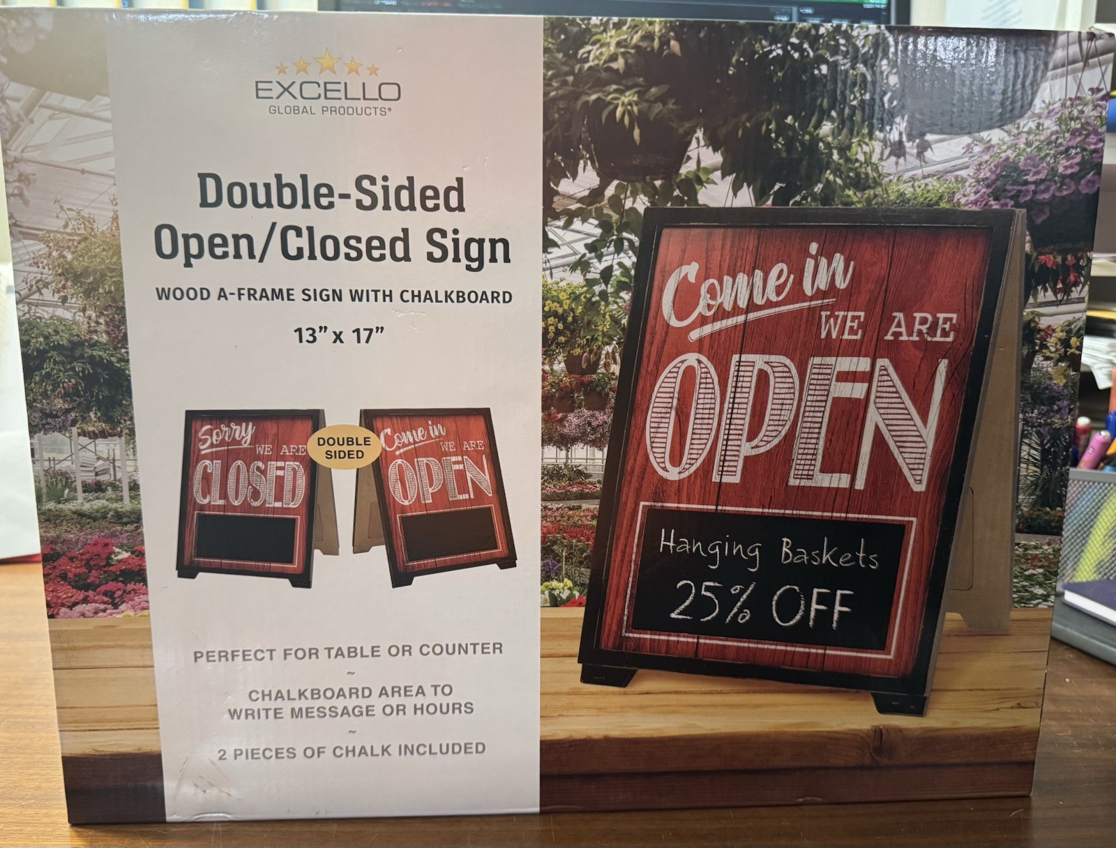 Excello Global Products A-Frame Open/Closed Sign w Chalkboard Rustic 13″ x 17″