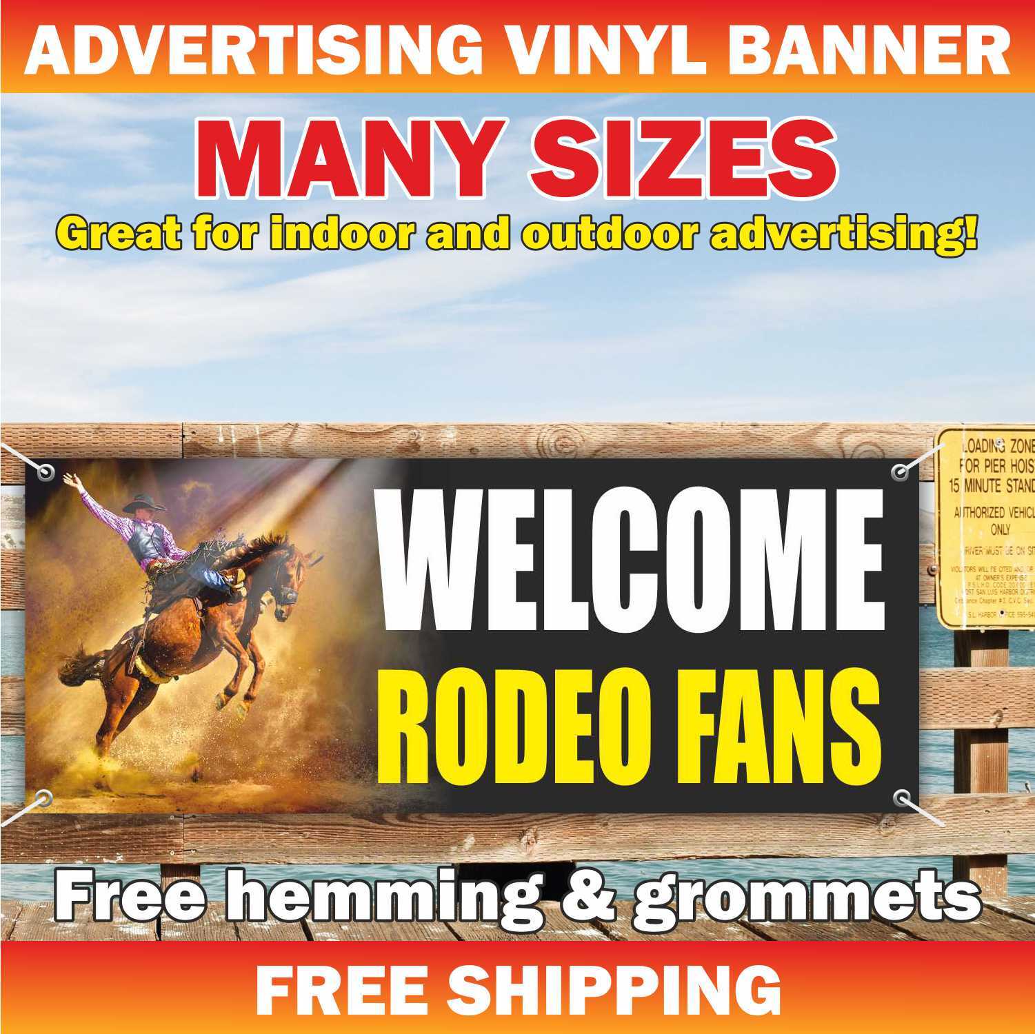 Welcome Rodeo Fans Advertising Banner Vinyl Mesh Sign Cowboys Show Bulls Horses