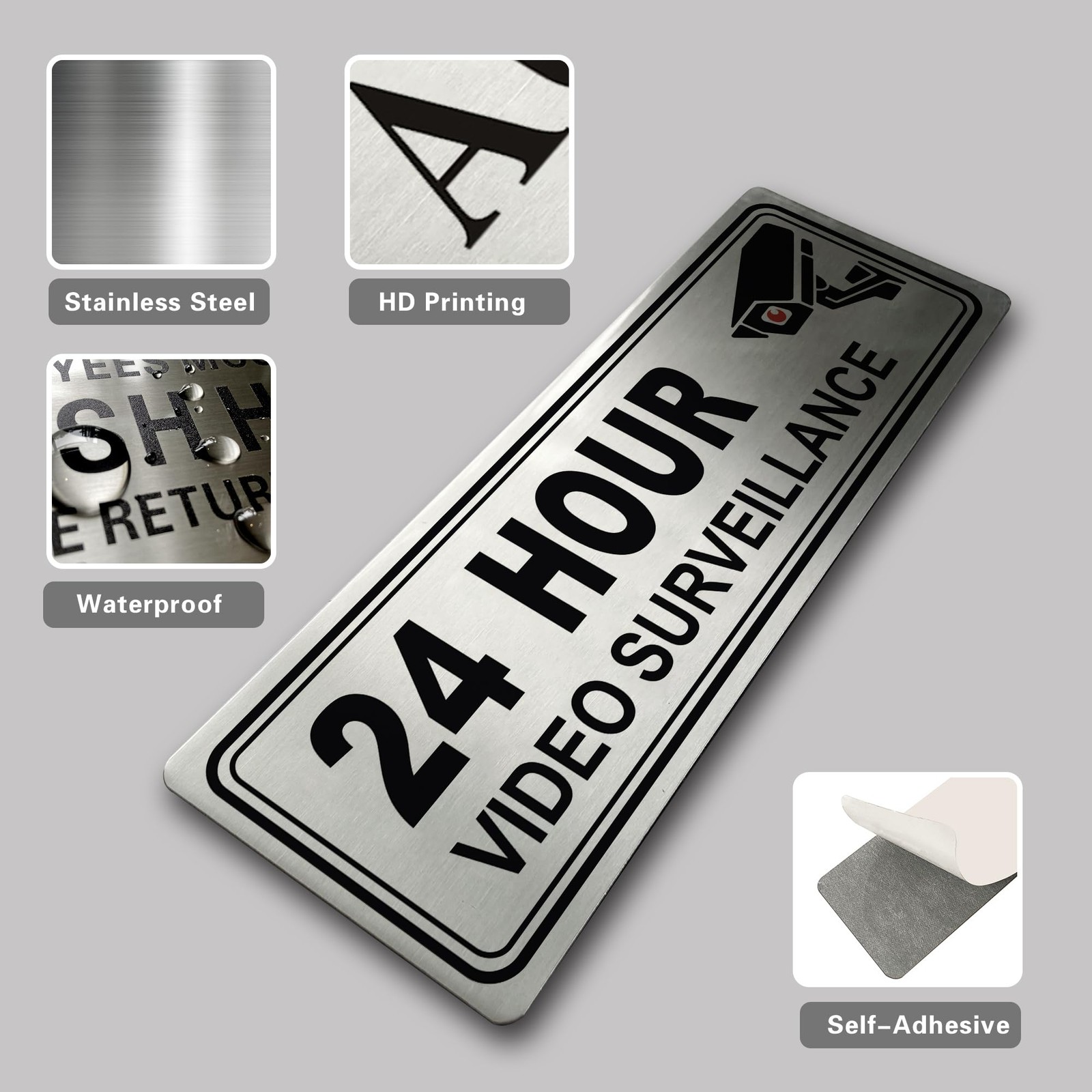 Metal Stainless Steel 24 Hour Video Surveillance Sign Self Adhesive 9×3 Inch