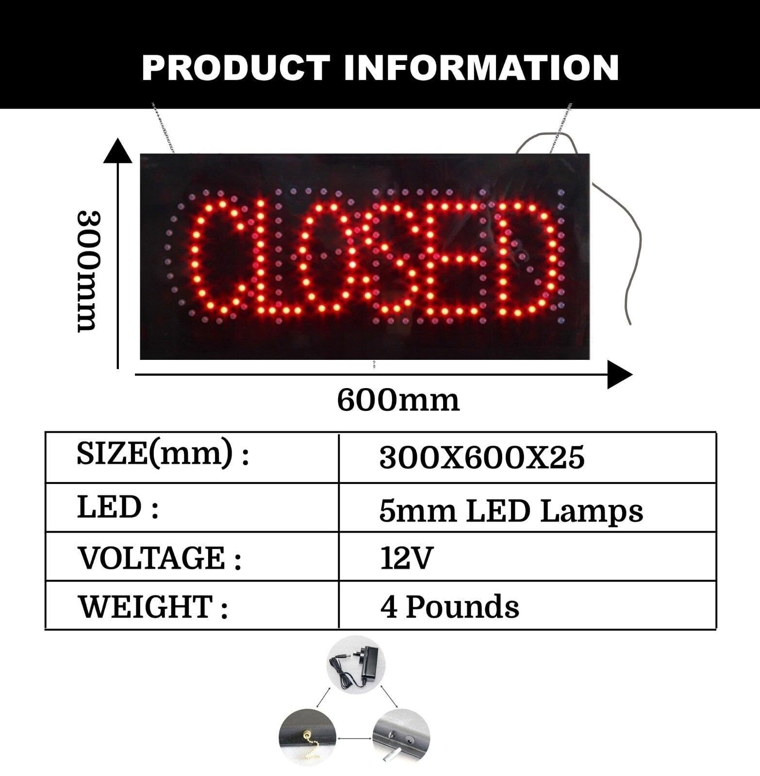 LED Open/Closed Sign for Business Displays | Light Up Sign | 12″H x 24″W x 2″D