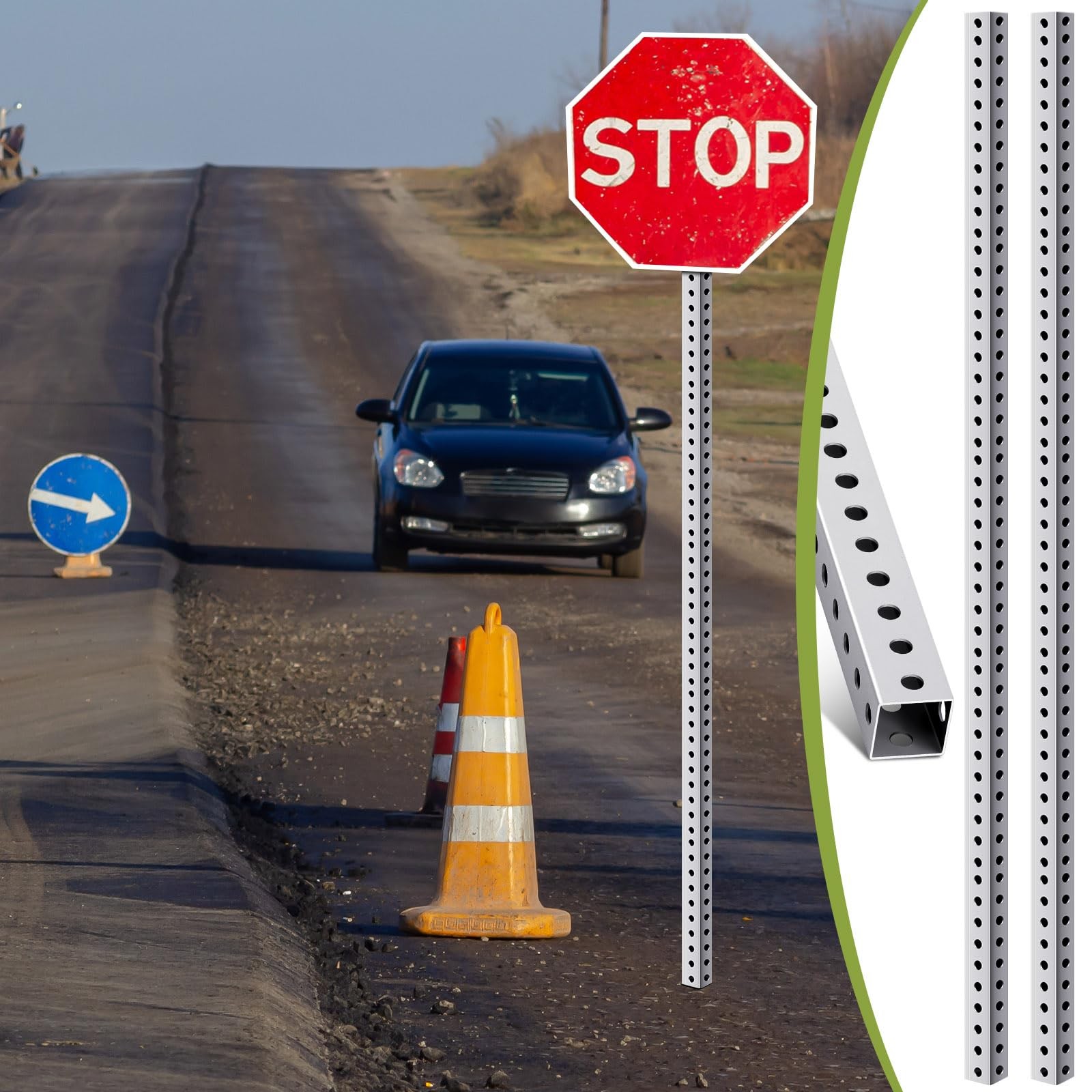 2 Pcs Square Sign Post 6 ft H x 1.5 Inch Wide with 7/16 Dia -set Perforated S…