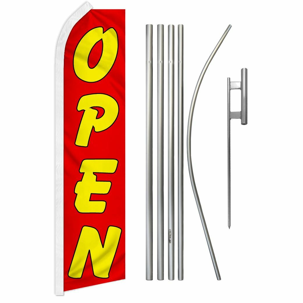 “OPEN” Advertising Super Flag & Pole Kit red & yellow