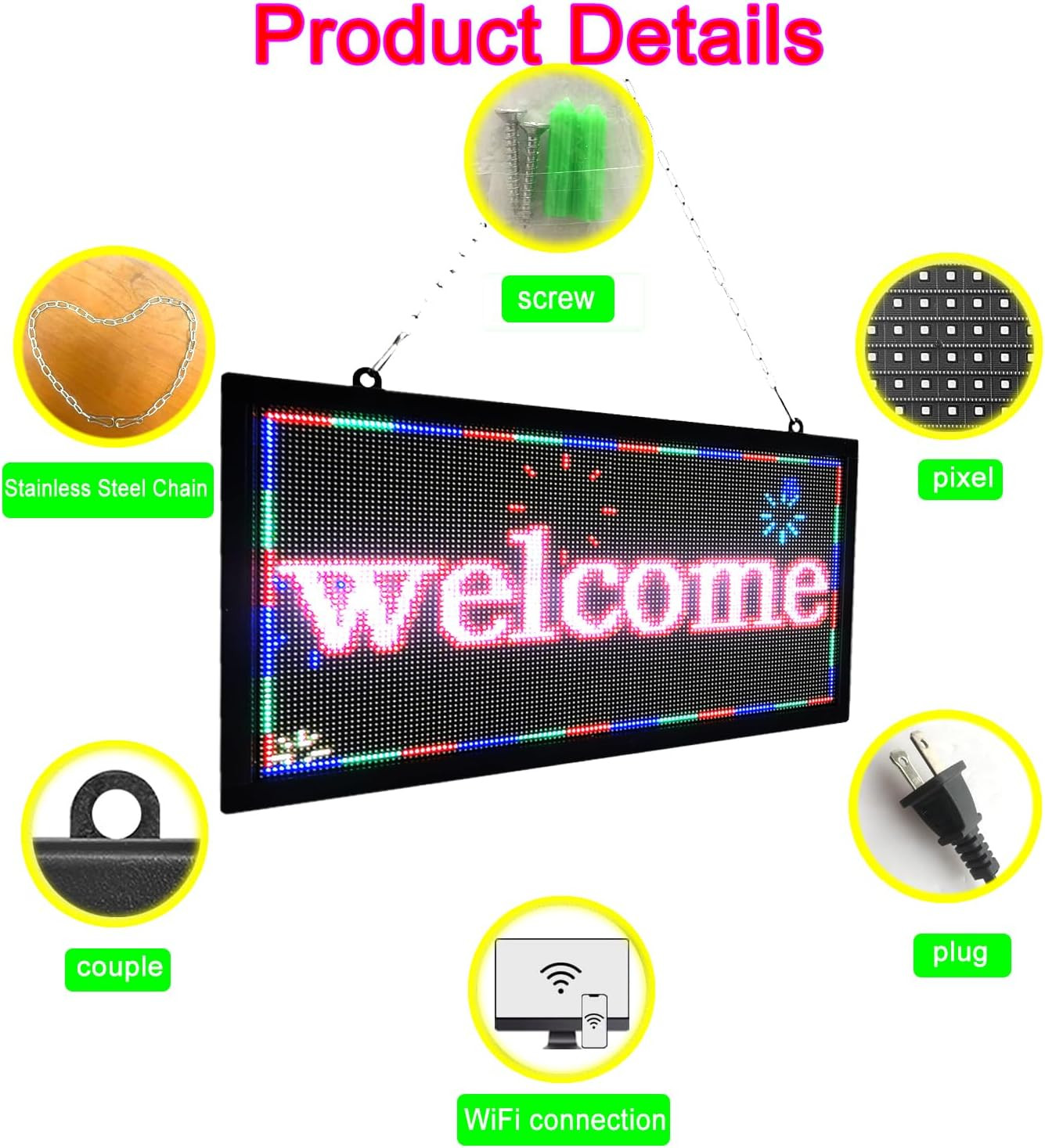 P3 Full Color LED Sign 16″x8.7″ – Wifi Programmable Scrolling Display Board