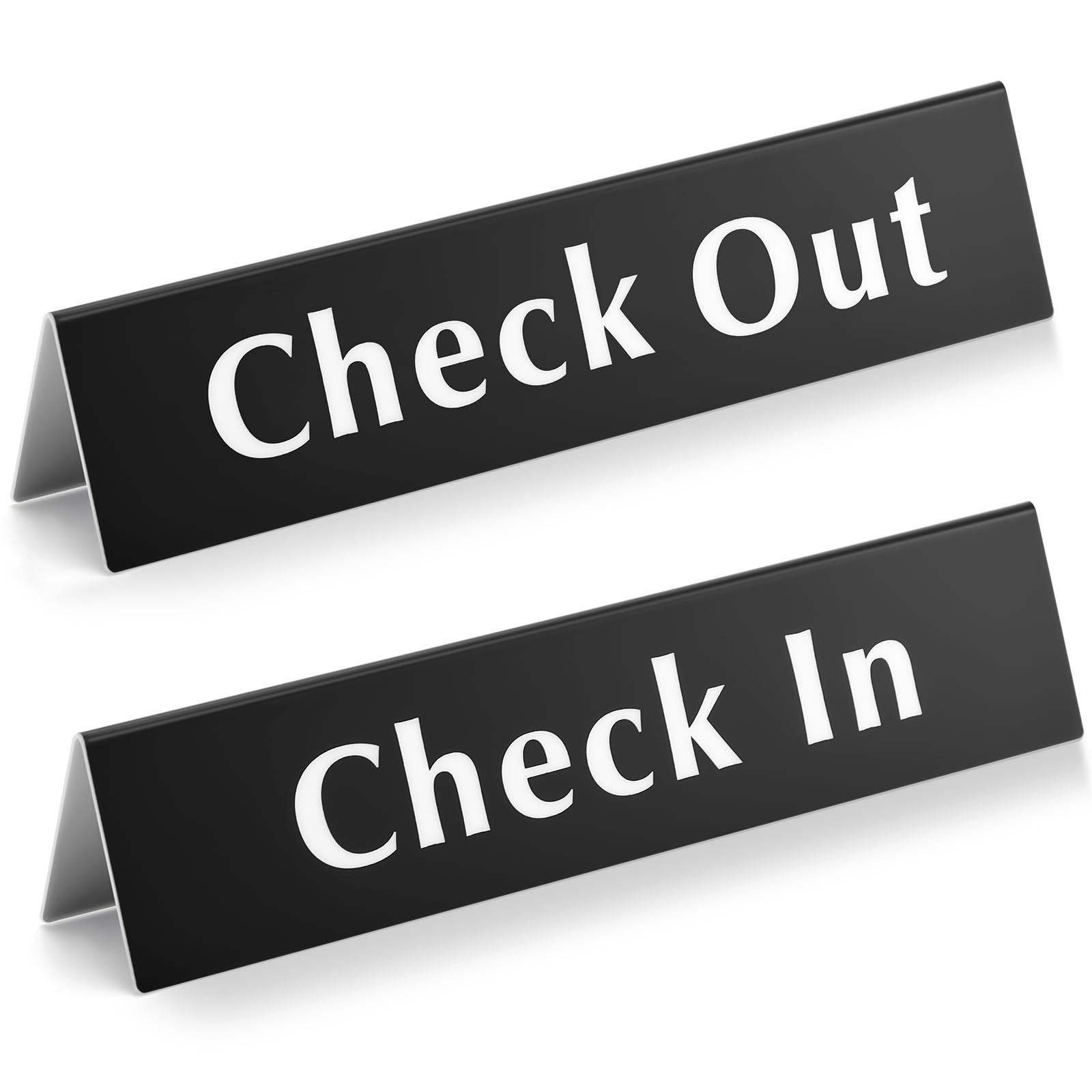 Acrylic VShaped Check In Check Out Reception Desk Table Sign 2×9 Inch 2 PCS