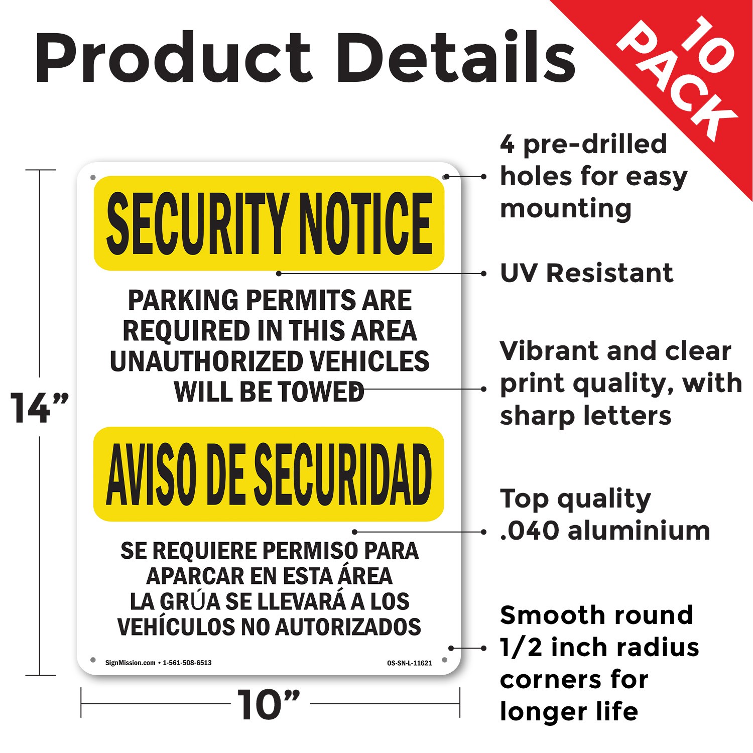 Parking Permits Required Bilingual OSHA Security Notice Sign, Decal 5 or 10 Pack