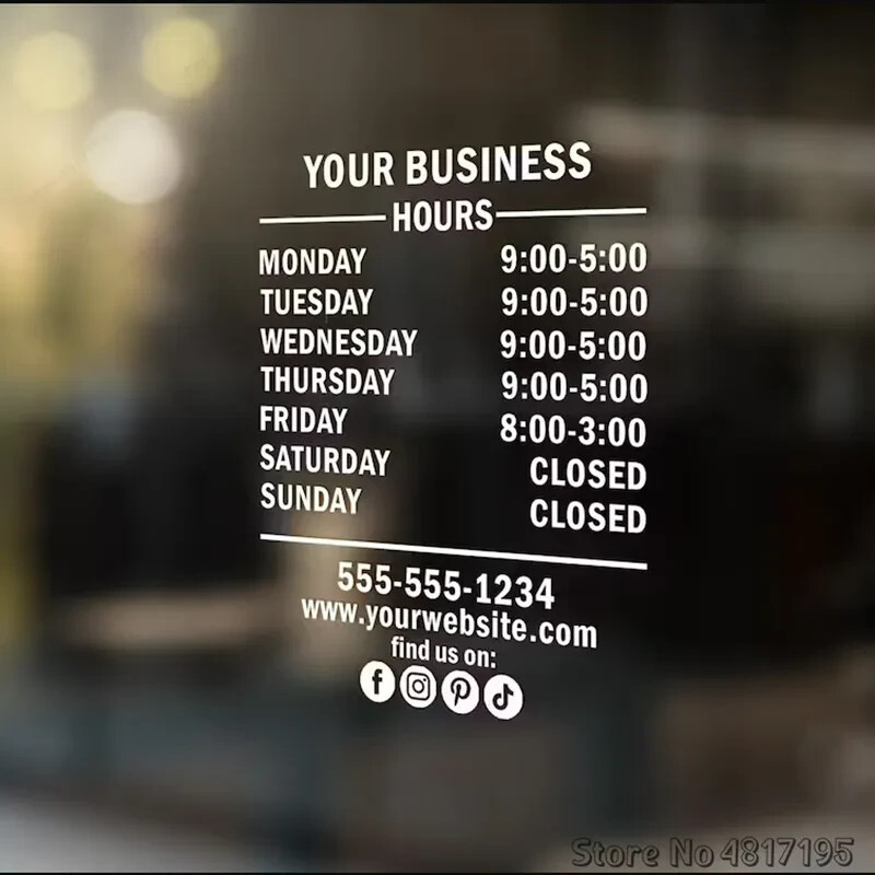 Your business Opening Hours Window Stickers Custom Time Coffee Shop Restaurant