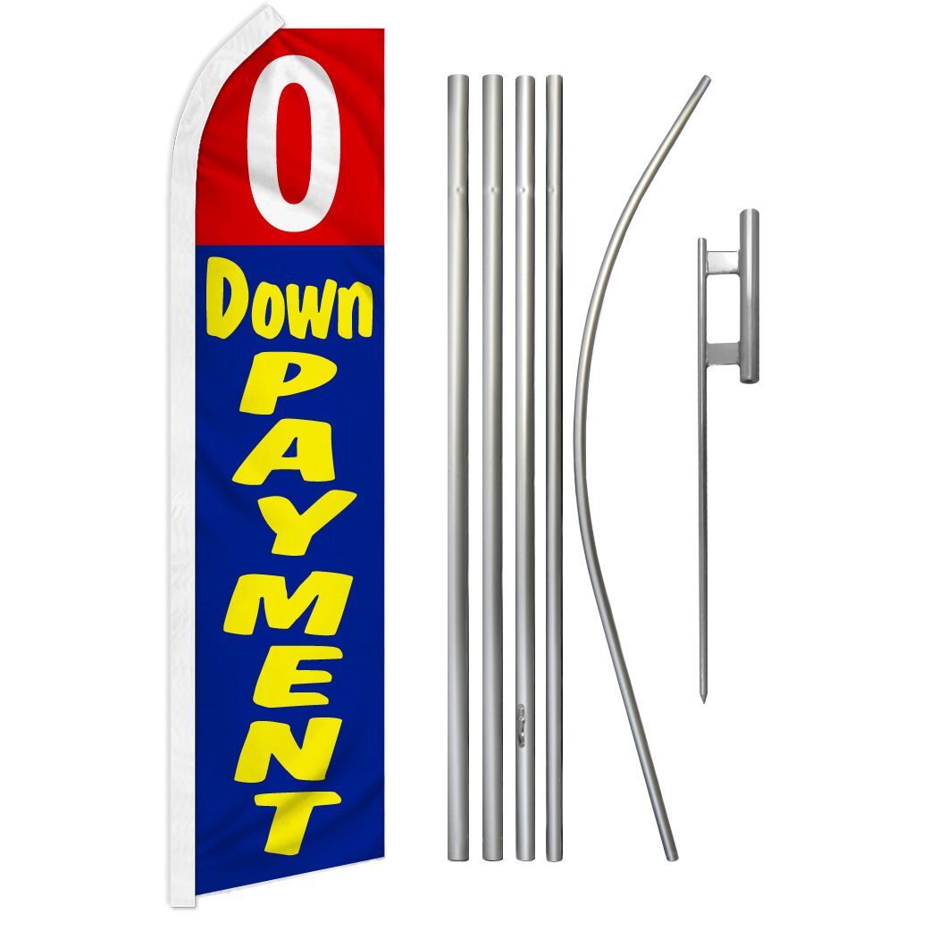 “0 DOWN PAYMENT” Advertising Super Flag & Pole Kit car auto zero red & blue