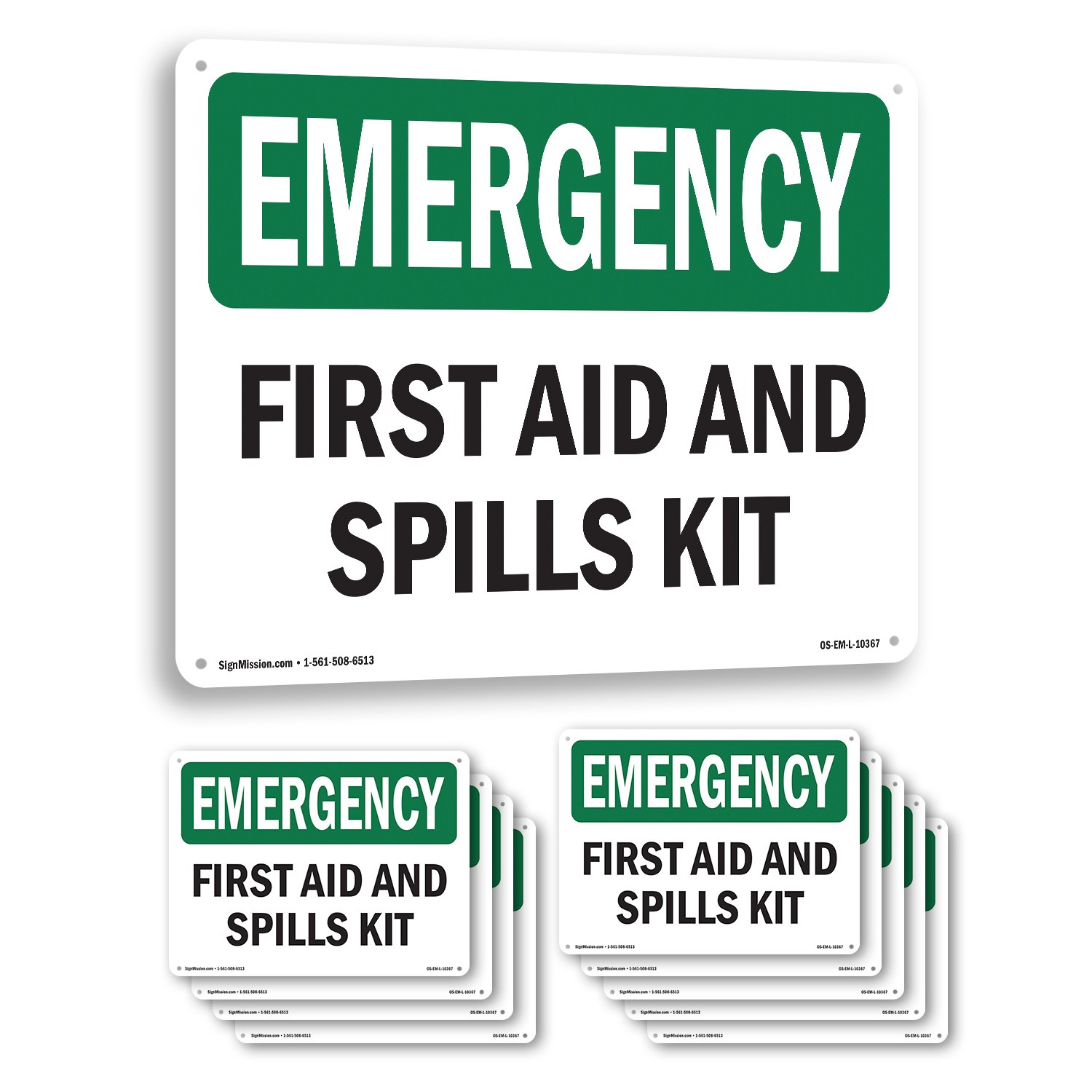First Aid And Spills Kit OSHA Emergency Sign Metal, Plastic, Decal 5 or 10 Pack