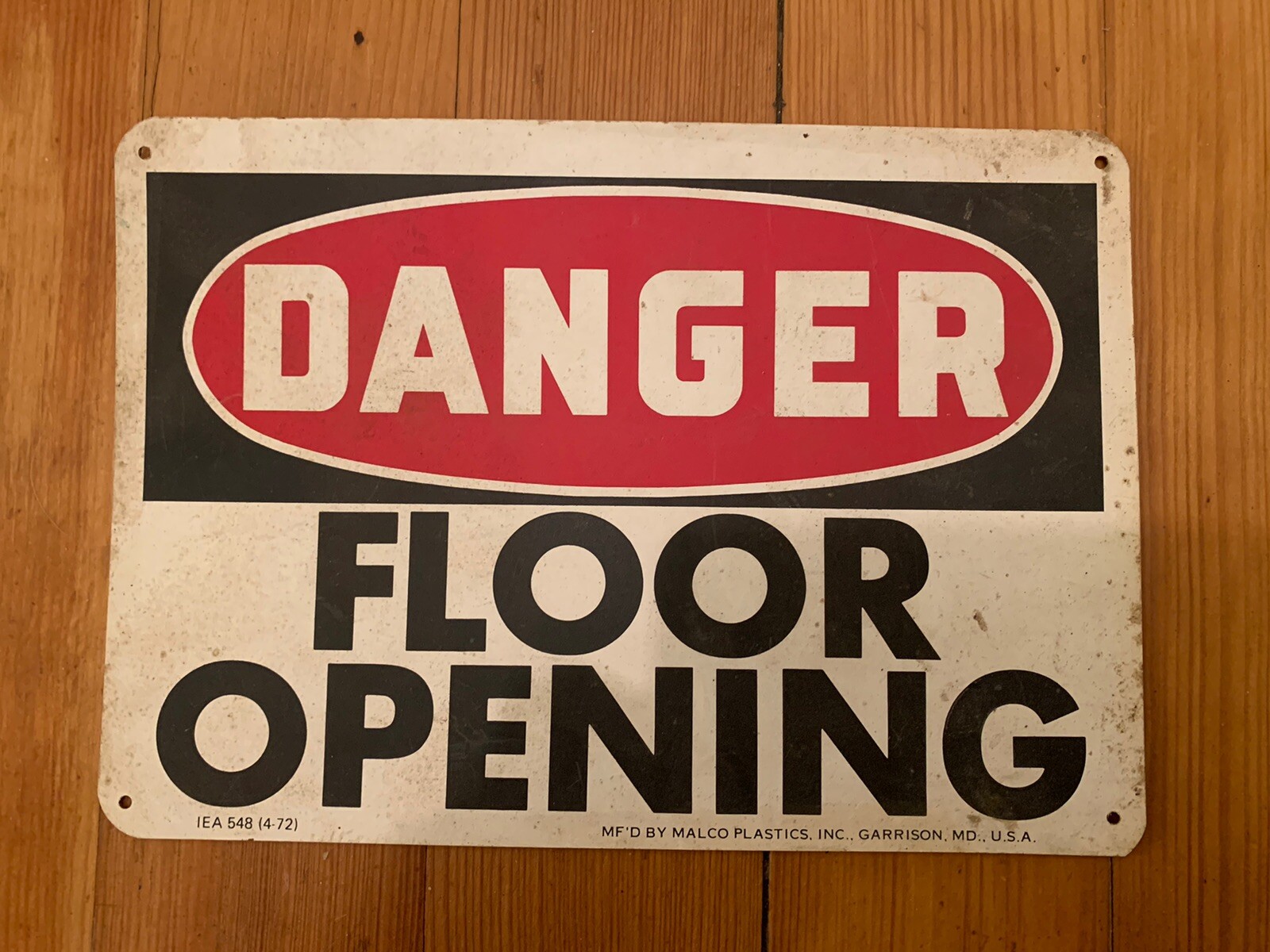 HEAVY DUTY THIN PLASTIC WARNING SIGN DANGER FLOOR OPENING 1972 VINTAGE MAN CAVE