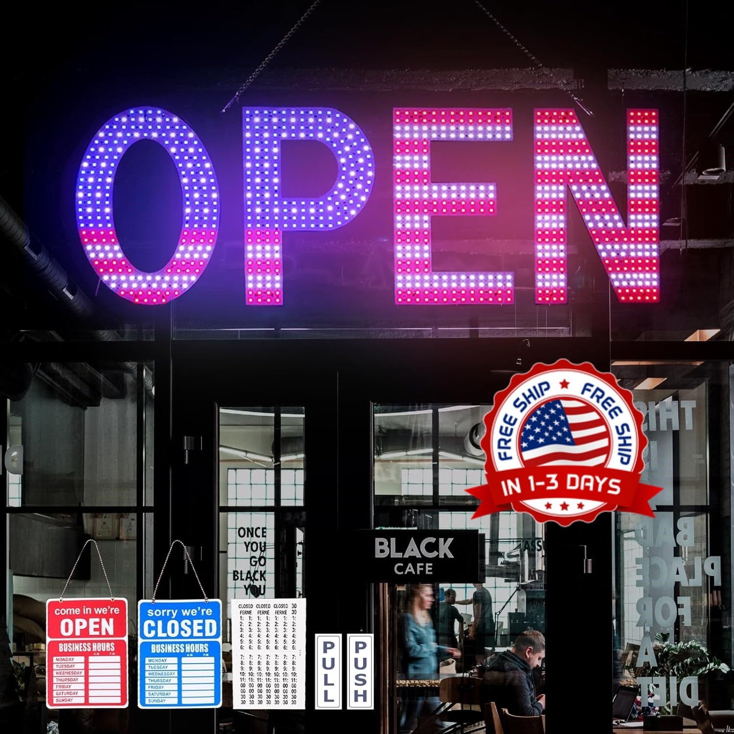 Letrero abierto para negocios, LED grande regulable de 40″ x 14″