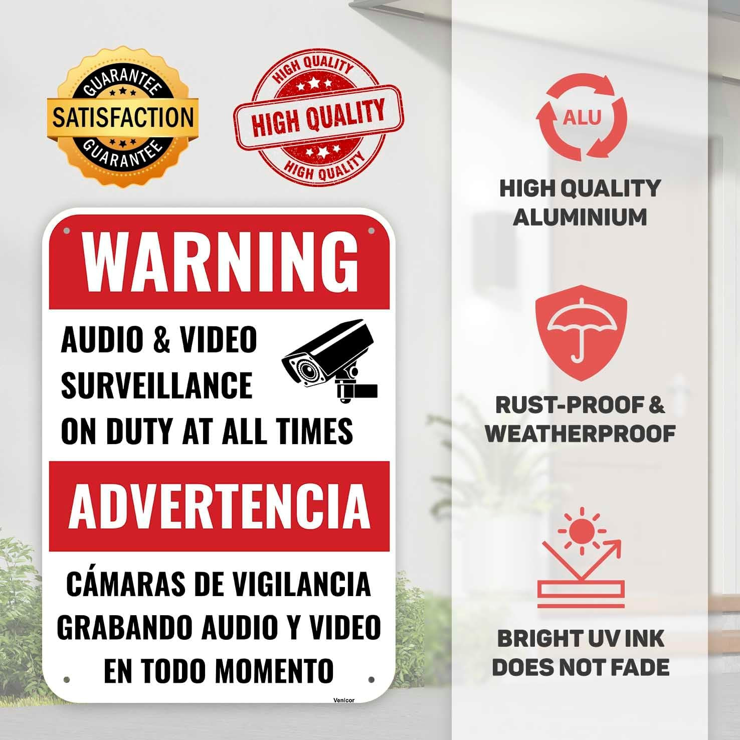 1PC Video and Audio Surveillance Camera Security Bilingual Sign, 14 x 10 Inches