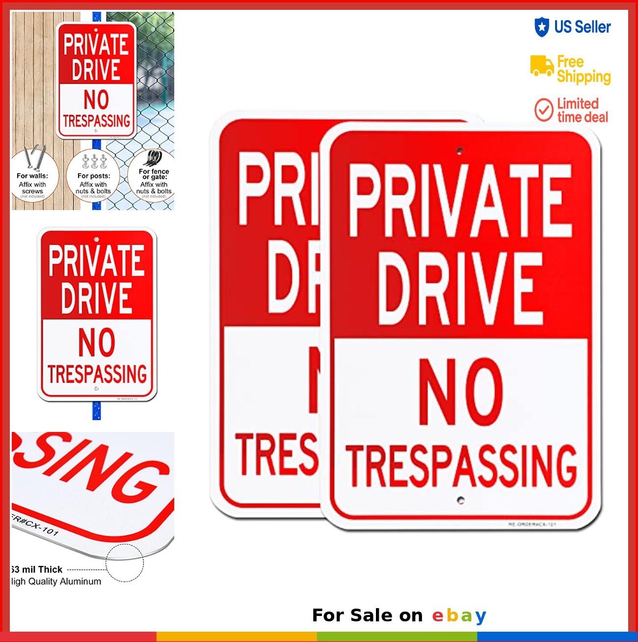 Private Drive No Trespassing Sign 2 Pack 12×18 Inch Reflective Aluminum