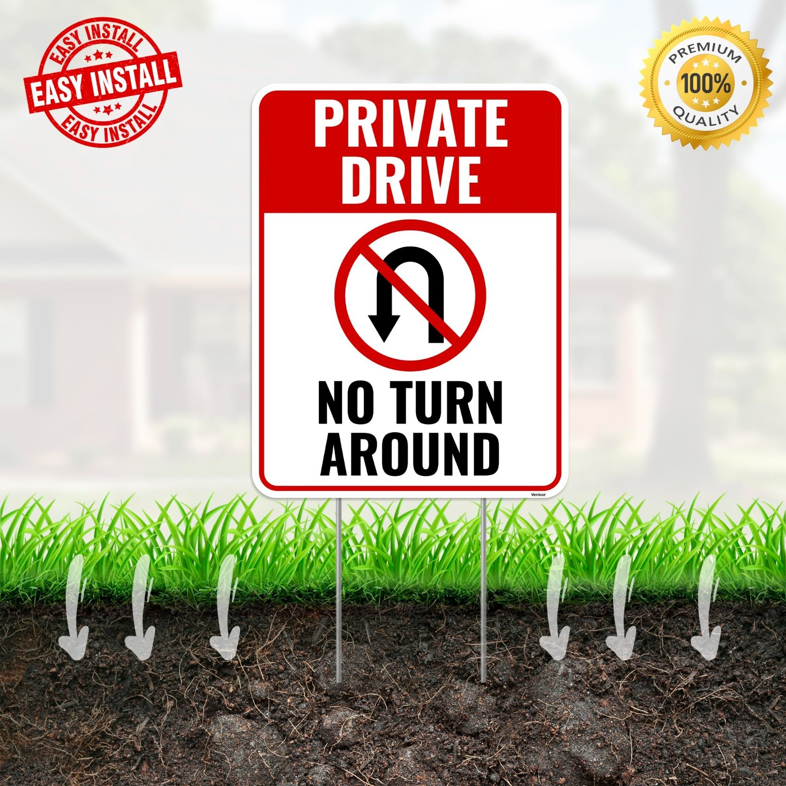 2PC Private Driveway Sign Set – No Turnaround, No Trespassing, Metal Stakes, 17″