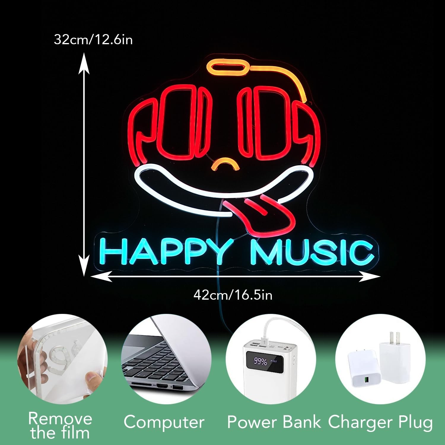 Happy Music Neon Sign Dimmable Led Microphone Neon Light for Wall Decor USB C…