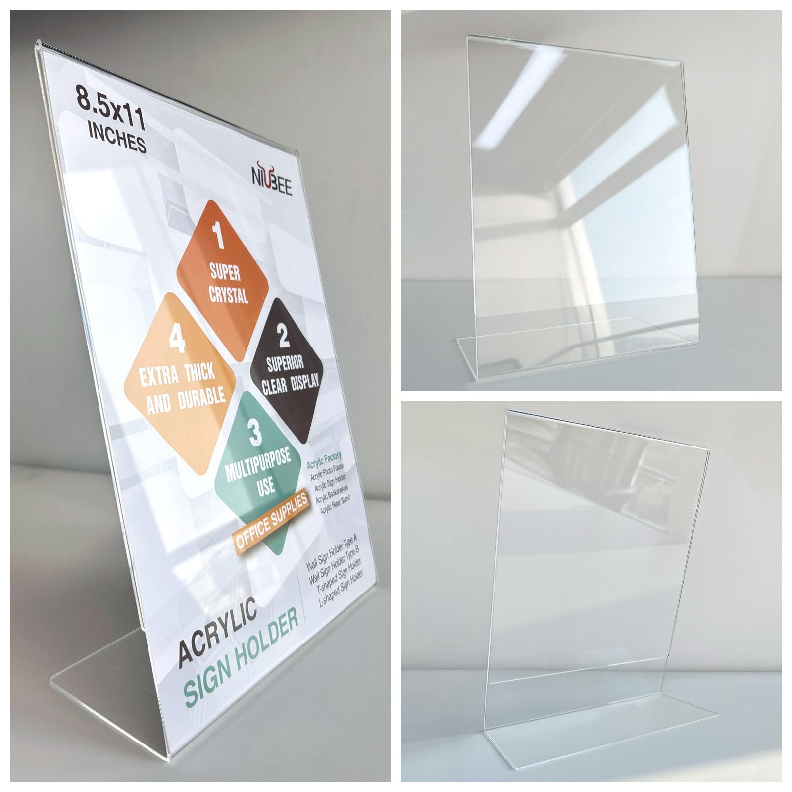 NIUBEE Acrylic Sign Holder 8.5 x 11 Inches Slanted x 11 inches, clear