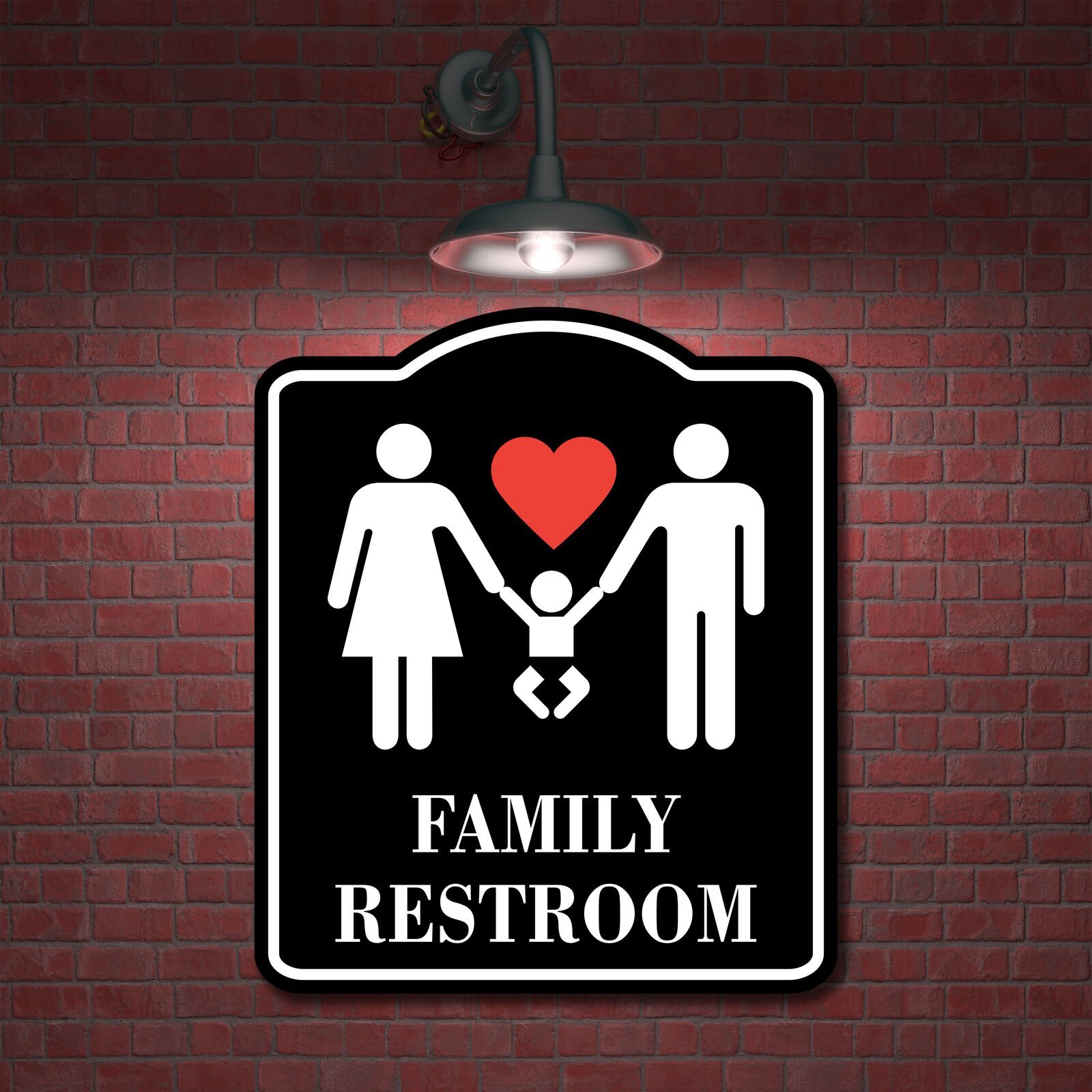Family Restroom Bathroom Red Heart BLACK Aluminum Composite Sign