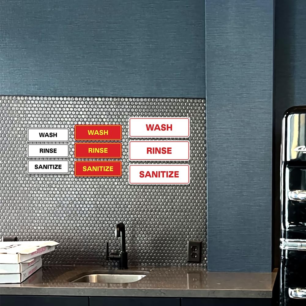 3 PCS Wash Rinse Sanitize Bay Sink Signs Small Black Restaurant Commercial