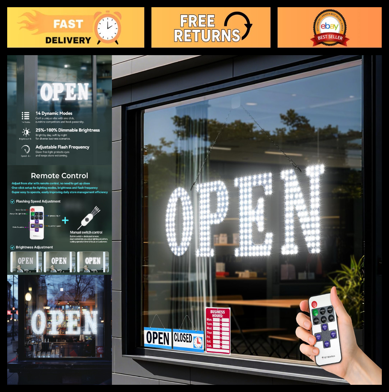 Large LED Open Sign for Business – 30″x10″ Bright Flashing Display, Remote, 14 M