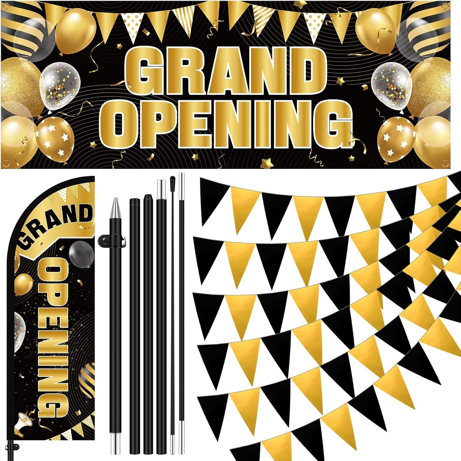 7 ft Black and Gold Grand Opening Banner with Pole Kit Advertising Feather Fl…
