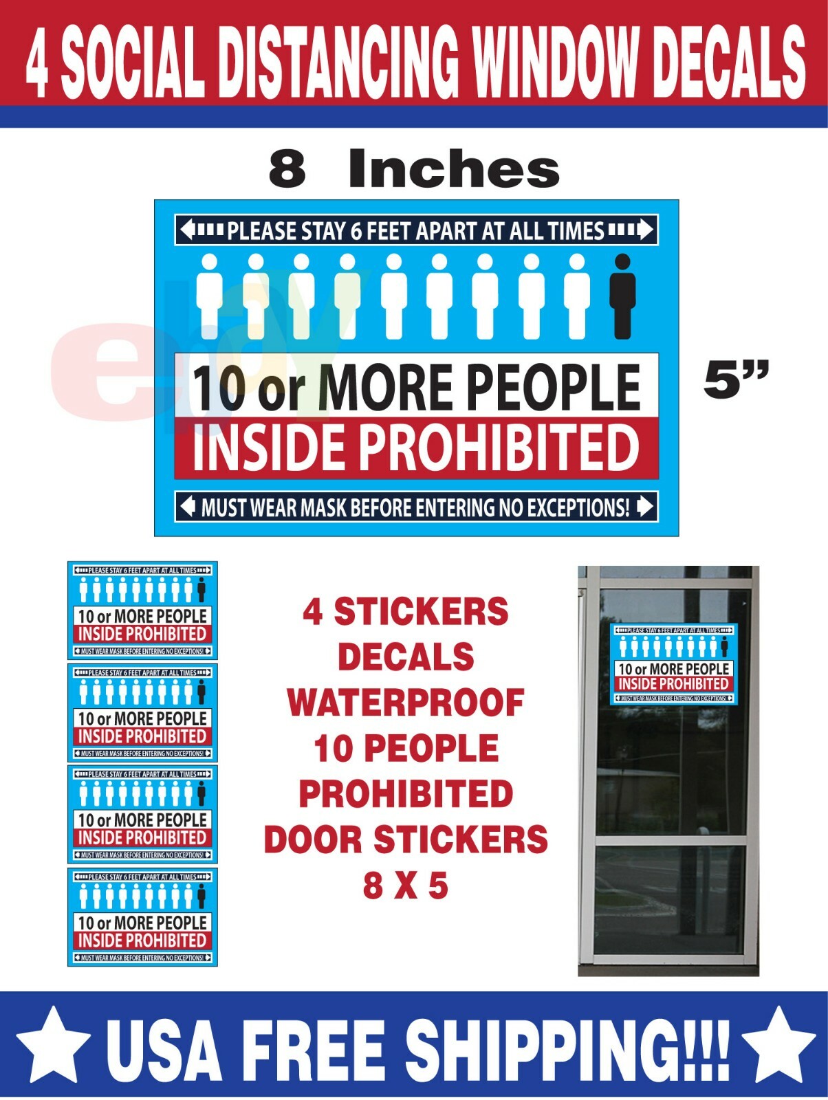HORIZONTAL DOOR STICKER DECAL – 10 PEOPLE OR MORE PROHIBITED – COVID – 8 X 5″