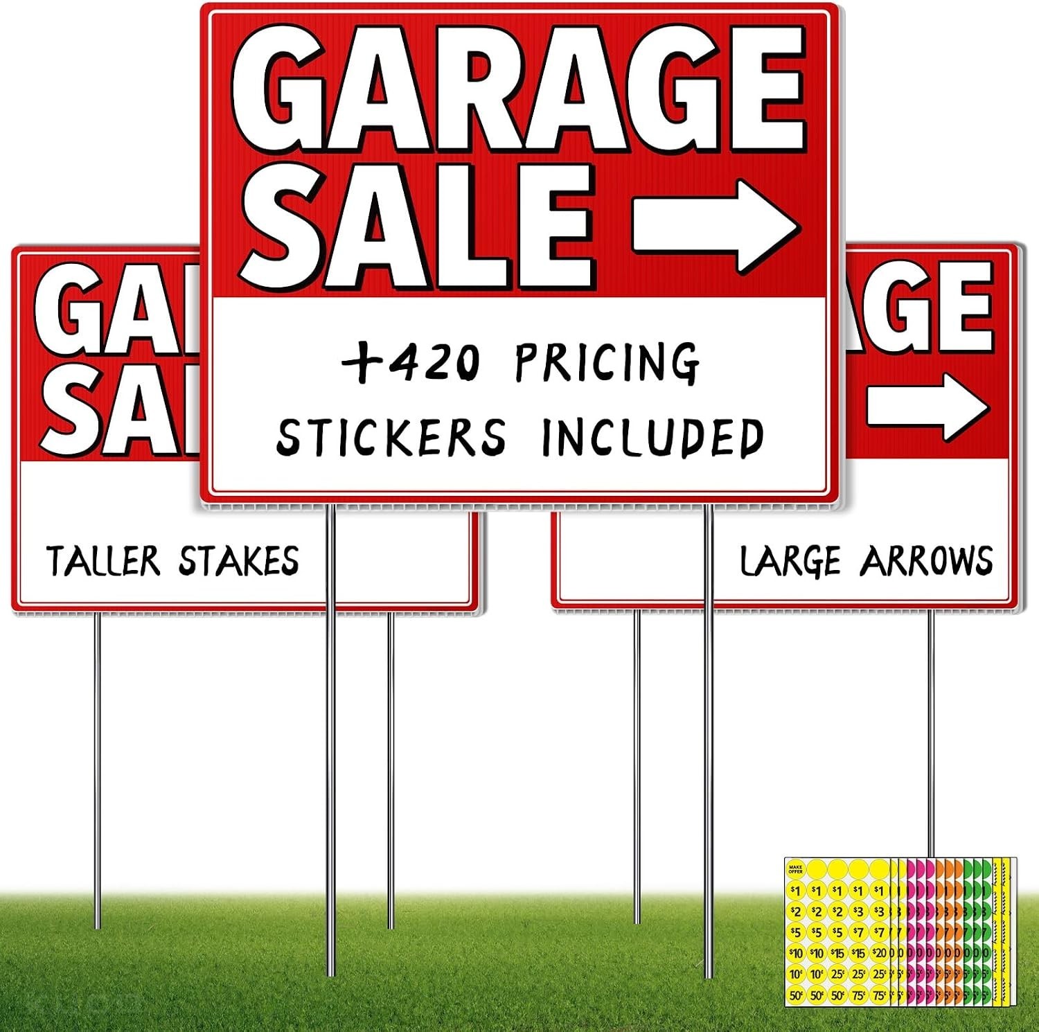 Garage Sale Signs with Stakes 3 Pack Kit – Double Sided Yard Sale Signs with …