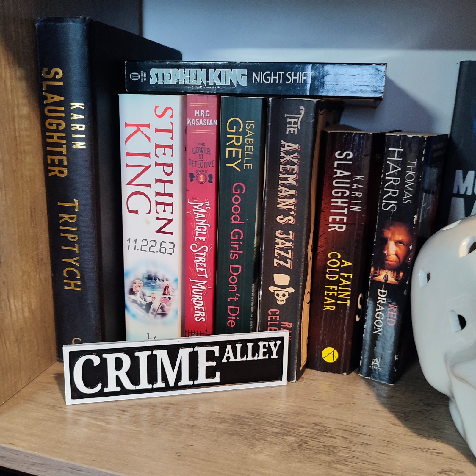 CRIME ALLEY SIGN BOOKSHELF PLAQUE Hard Plastic Sign Black and White