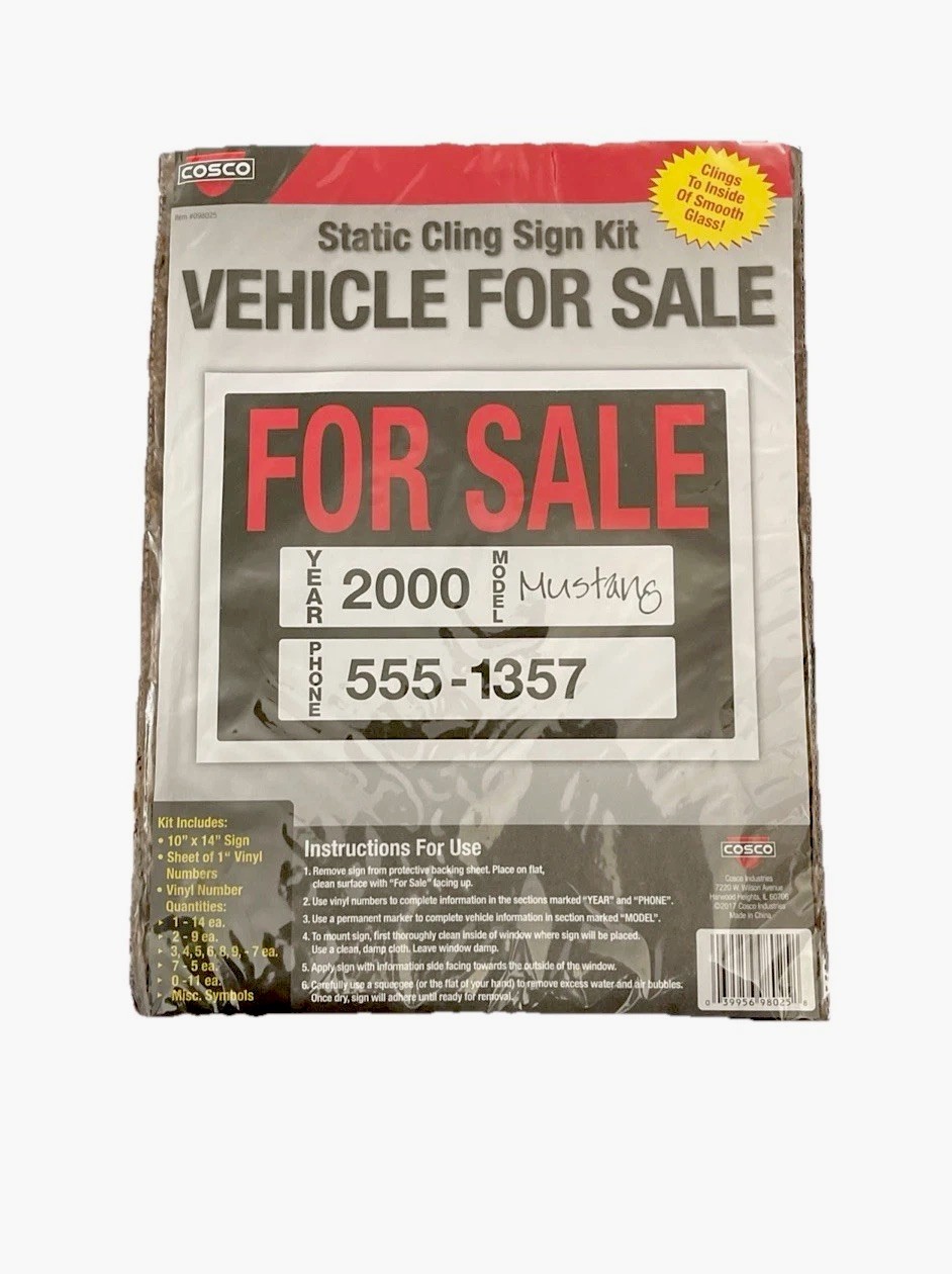 Vehicle “For Sale” Vinyl Static Cling Sign Kit 098025- 10″ x 14″ w/Numbers.COSCO