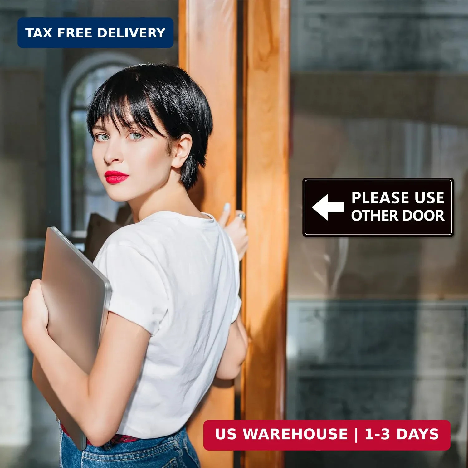 2Pack Use Other Door Sign，Self-Adhesive Weatherproof Vinyl Please Use Other Door