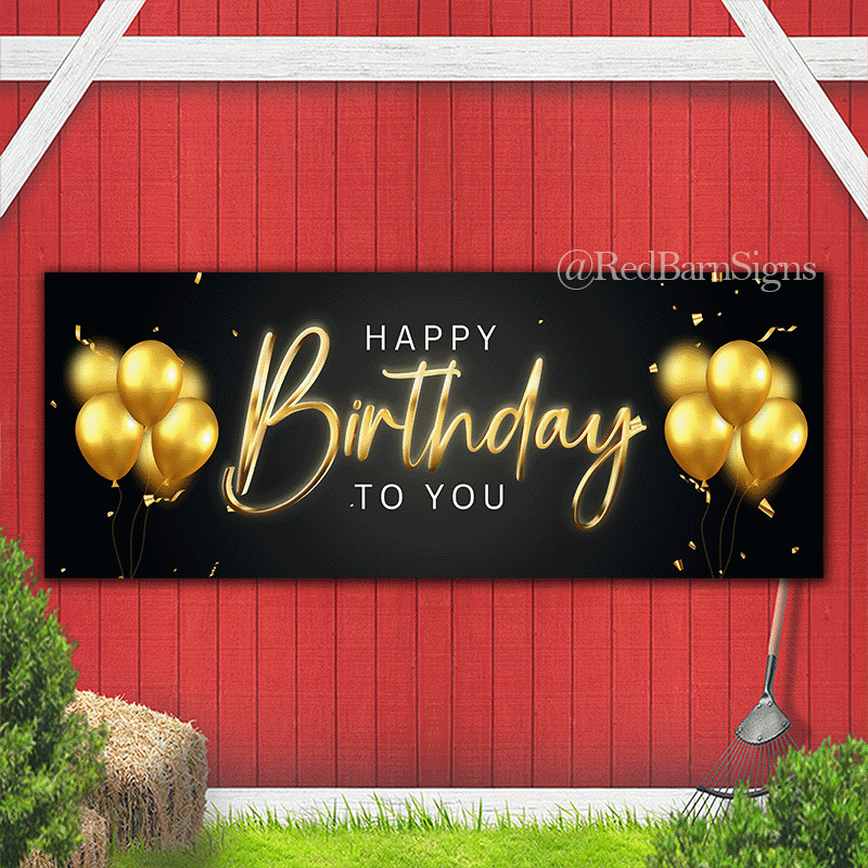 Happy Birthday To You Gold balloons black background banner