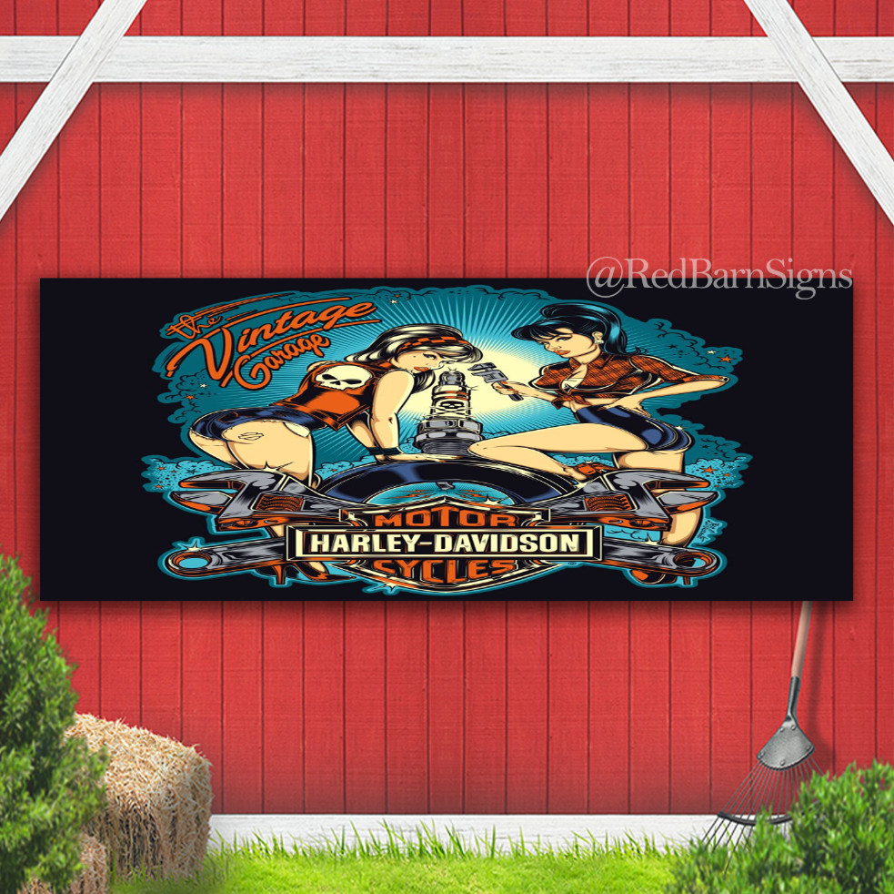 The Vintage Garage Harley Davidson Motorcycle Indoor Outdoor Banner Sign