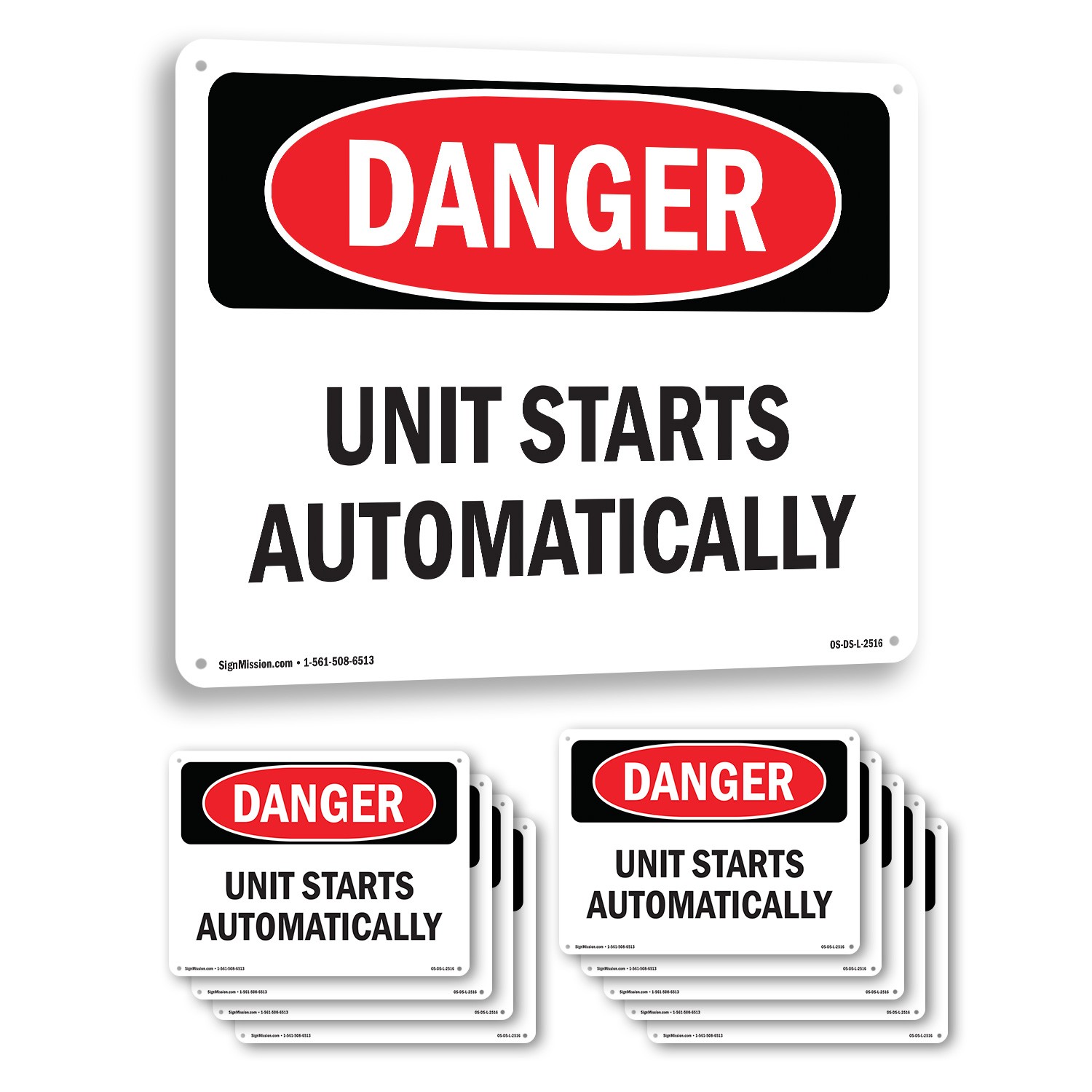 Unit Starts Automatically OSHA Danger Sign Metal Plastic Or Decal – 5 or 10 Pack
