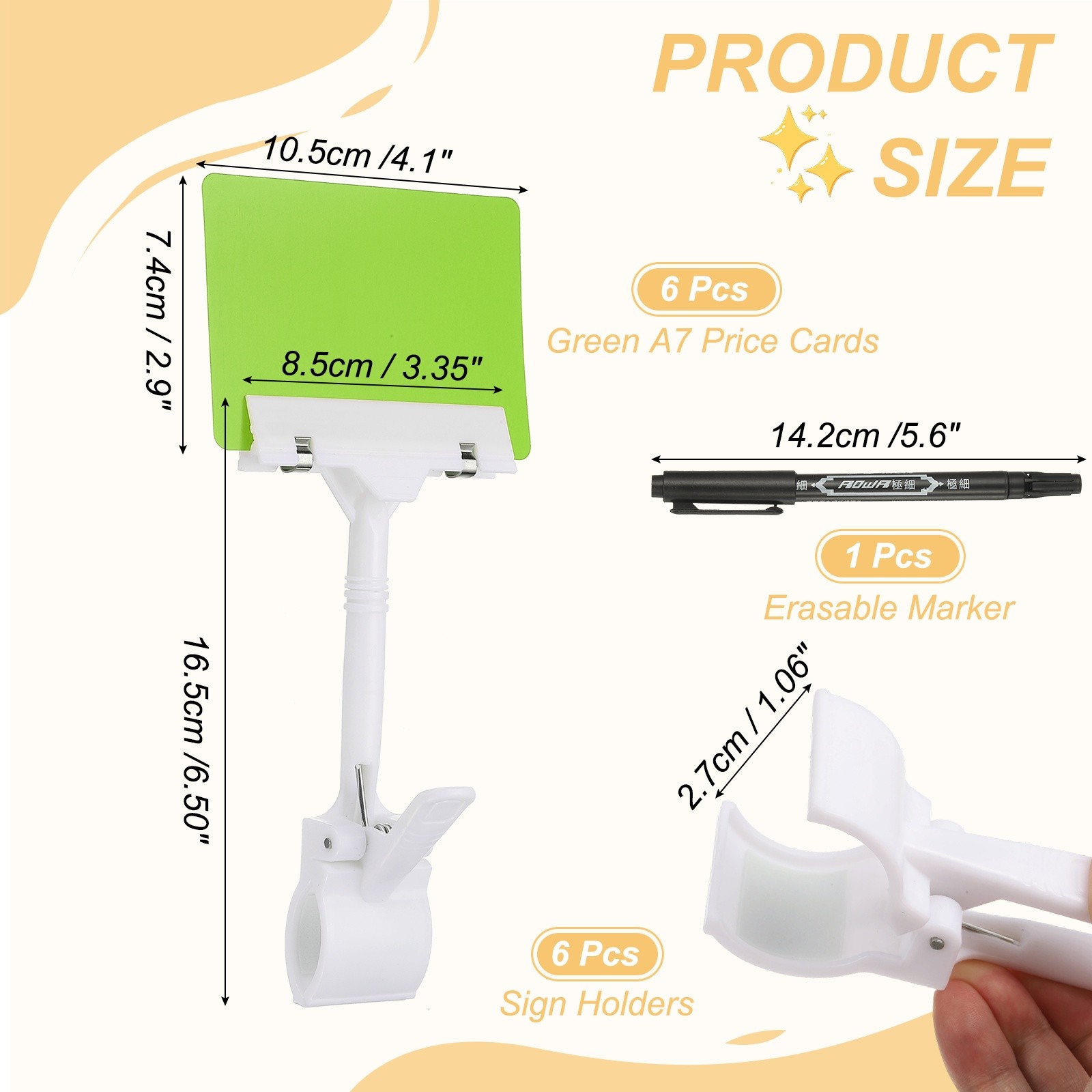 6 Pcs Sign Holders with Green A7 Plastic Cards & Erasable Marker, White