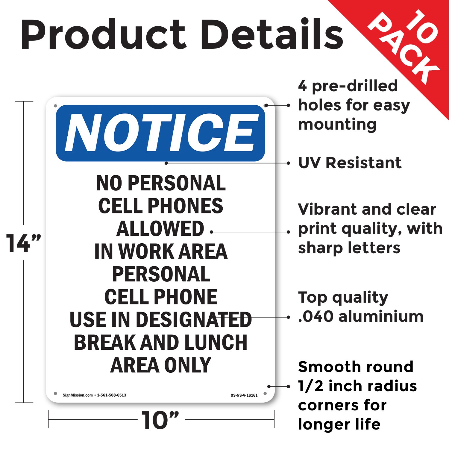 No Personal Cell Phones Allowed OSHA Notice Sign Metal,, Decal 5 or 10 Pack