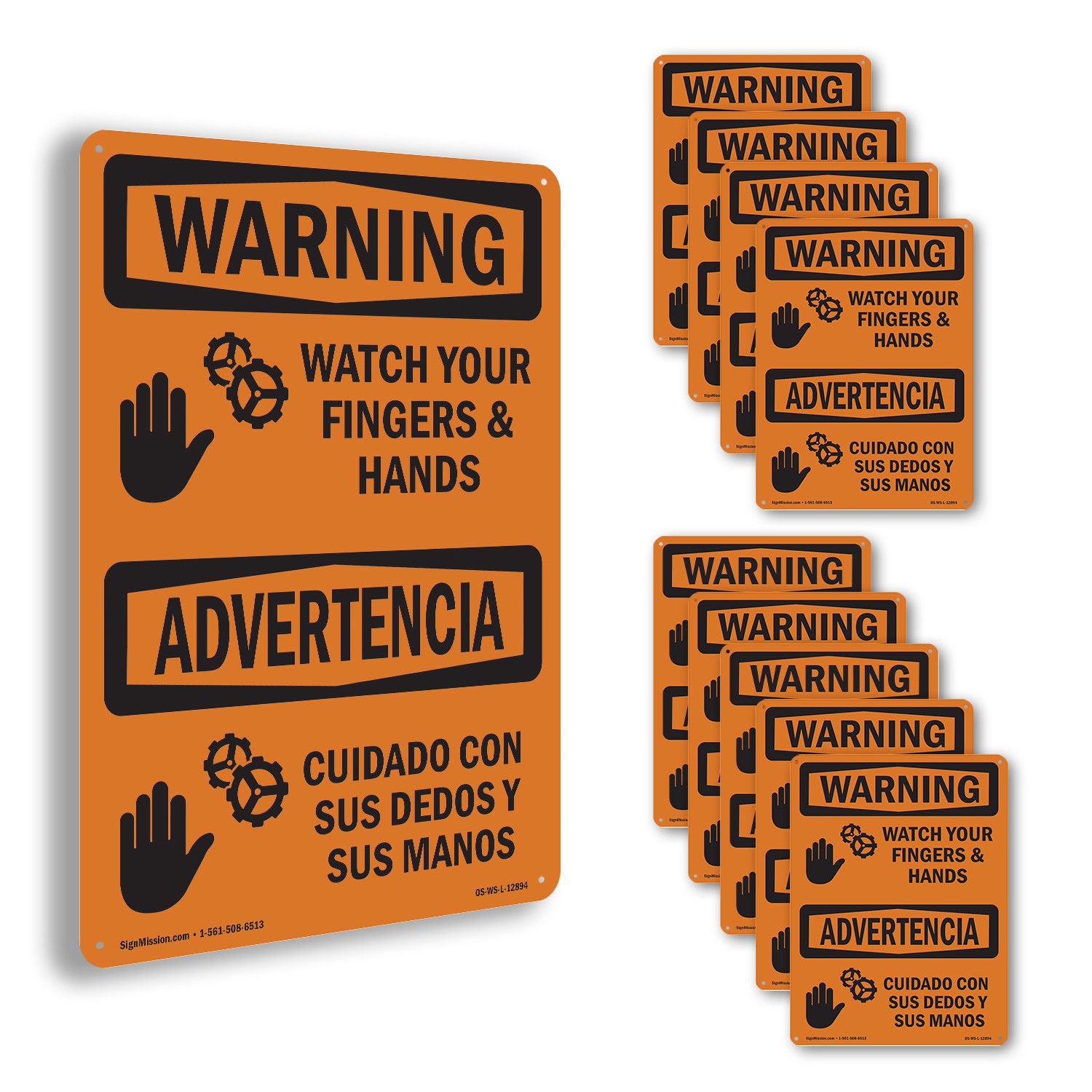 Watch Your Hands And Fingers Bilingual OSHA WARNING Sign Or Decal – 5 or 10 Pack