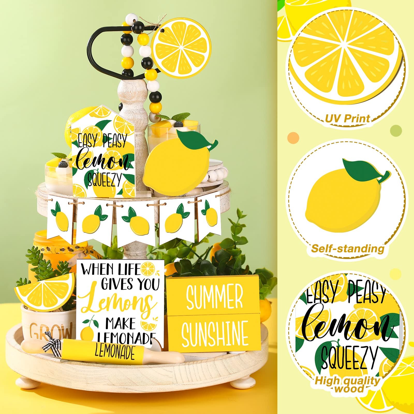 14 Pcs Summer Lemon Tiered Tray Decor Set Summer Table Decoration Lemonade Wo…