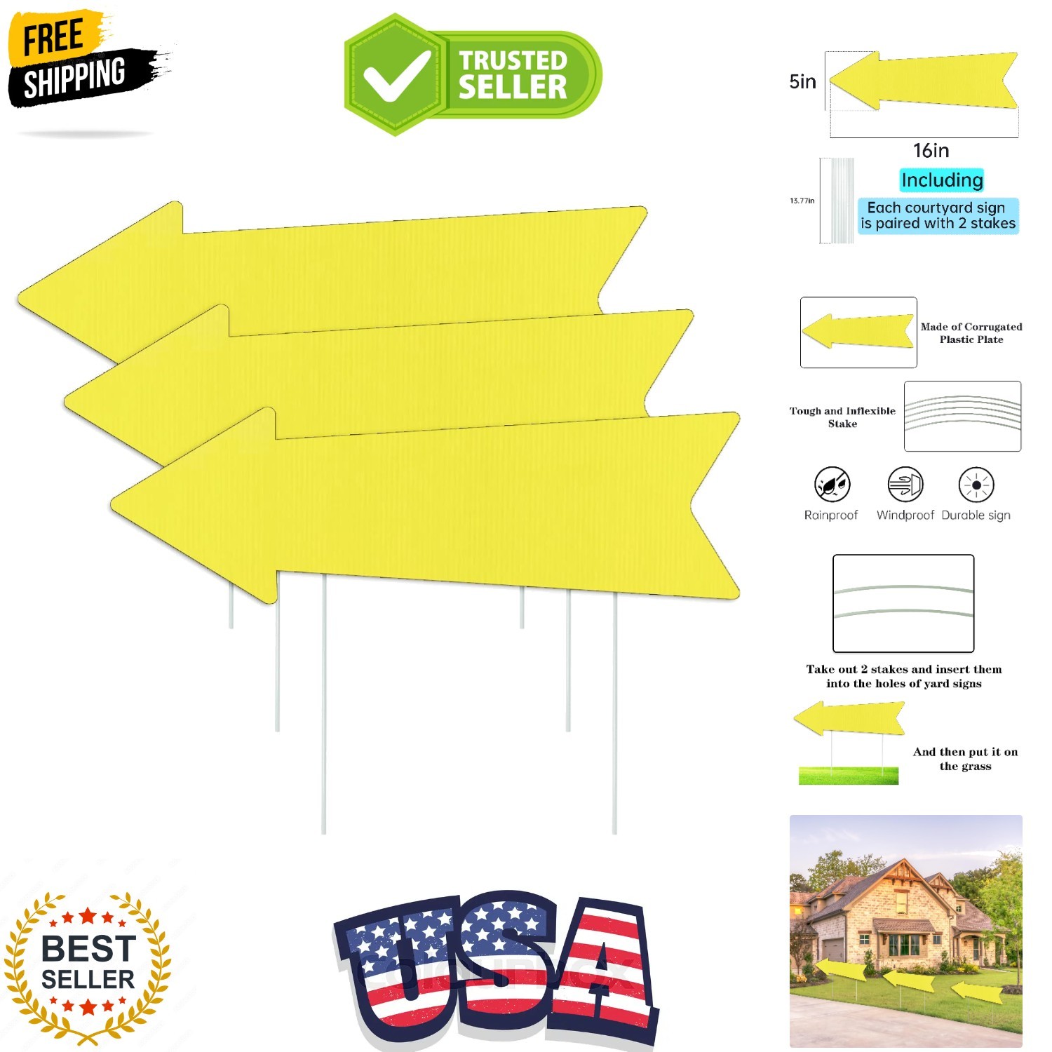 Yellow Arrow Signs with Stakes 16 x 5 Inches,This Way Directional Arrow Yard …