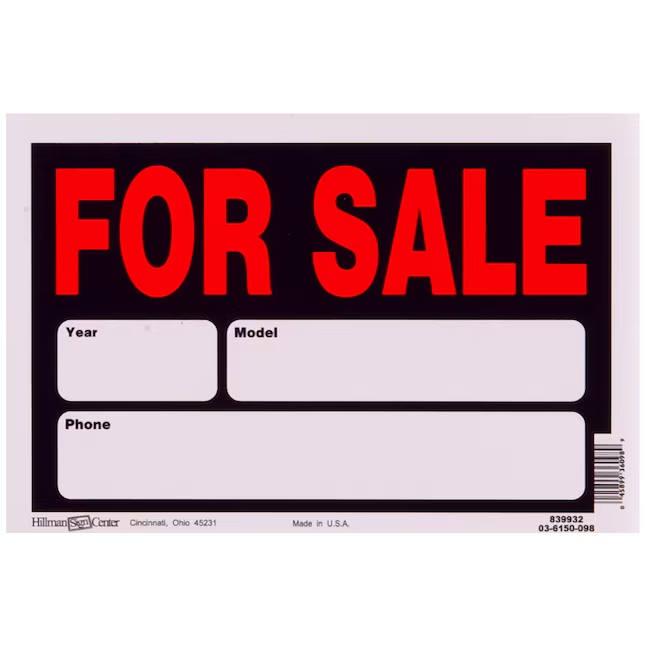 Hillman Automobile for Sale 8-in x 12-in Styrene Sale/For sale Sign